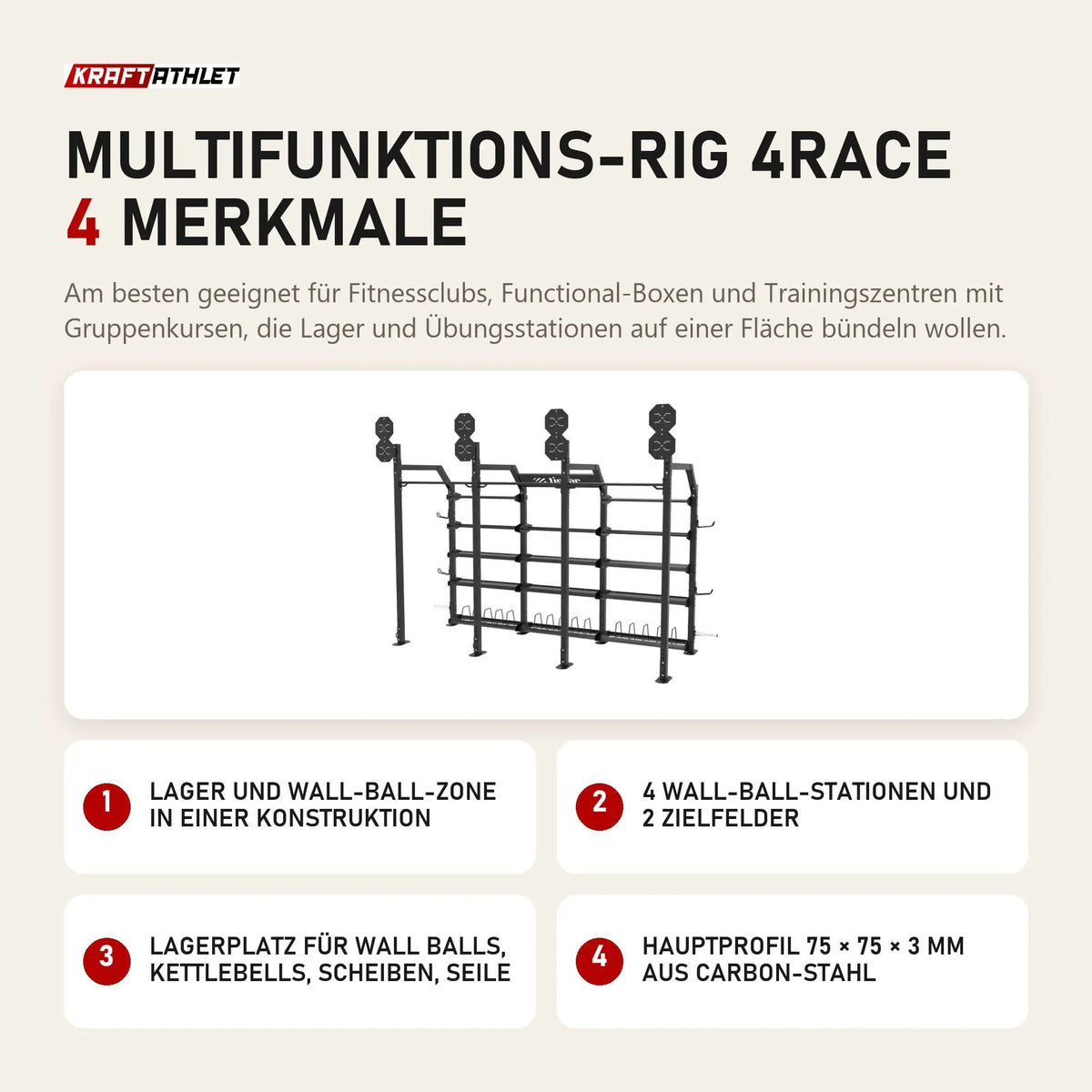 tiguar Multifunktions-Rig 4RACE mit 4 Merkmalen: Lager und Wall-Ball-Zone in einer Konstruktion, 4 Wall-Ball-Stationen und 2 Zielfelder, Lagerplatz für Wall Balls, Kettlebells, Scheiben, Seile, Hauptprofil 75 × 75 × 3 mm aus Carbon-Stahl