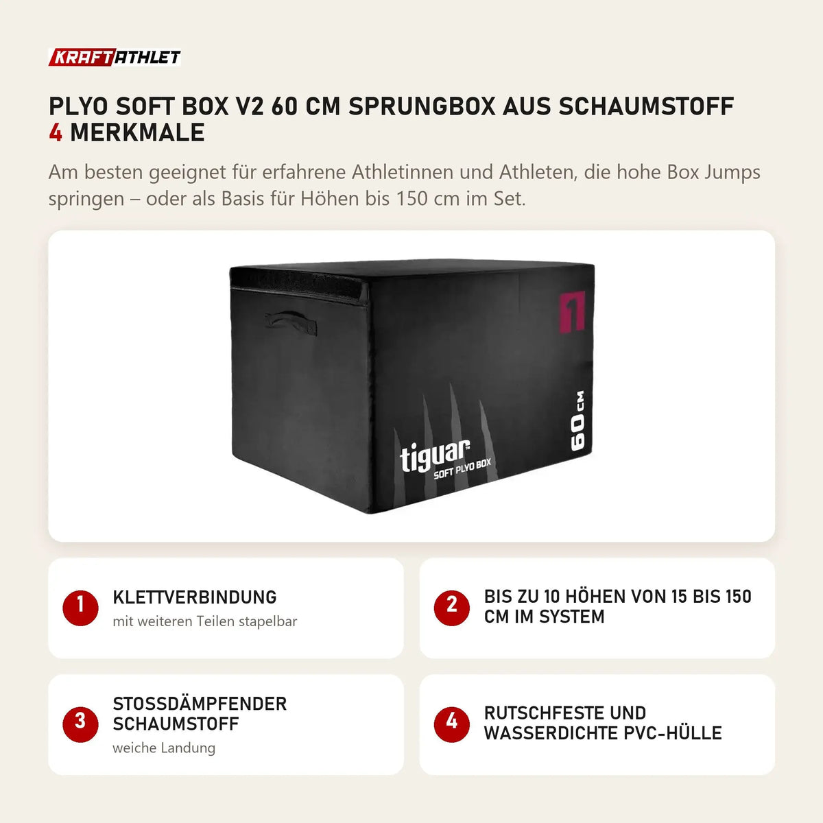 tiguar Plyo Soft Box V2 60 cm Sprungbox aus Schaumstoff mit 4 Merkmalen: Klettverbindung, Bis zu 10 Höhen von 15 bis 150 cm im System, Stoßdämpfender Schaumstoff, Rutschfeste und wasserdichte PVC-Hülle