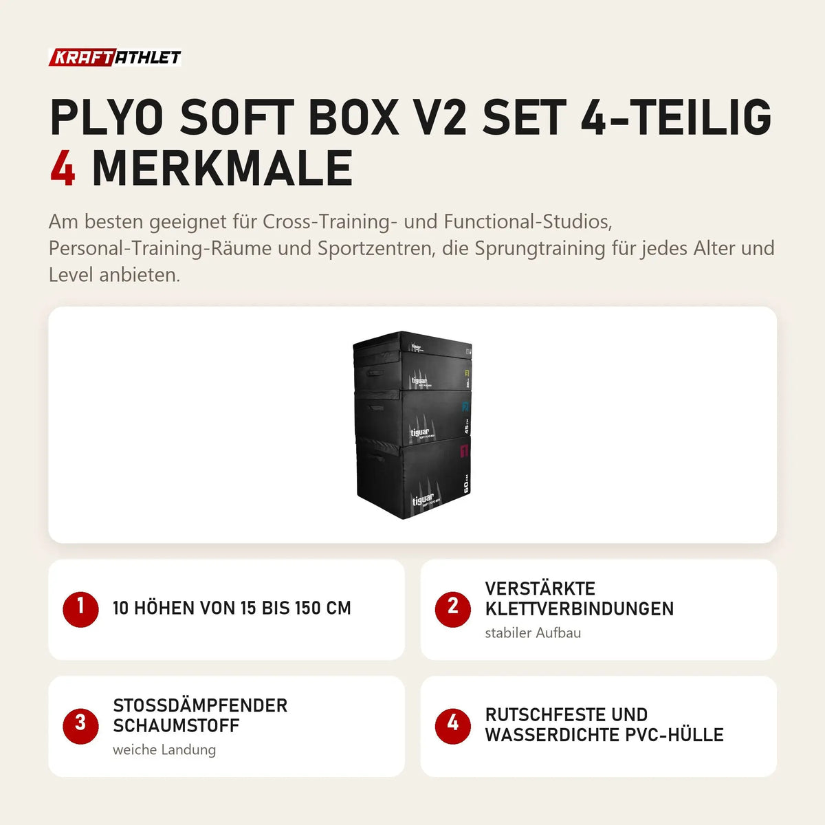 tiguar Plyo Soft Box V2 Set 4-teilig mit 4 Merkmalen: 10 Höhen von 15 bis 150 cm, Verstärkte Klettverbindungen, Stoßdämpfender Schaumstoff, Rutschfeste und wasserdichte PVC-Hülle