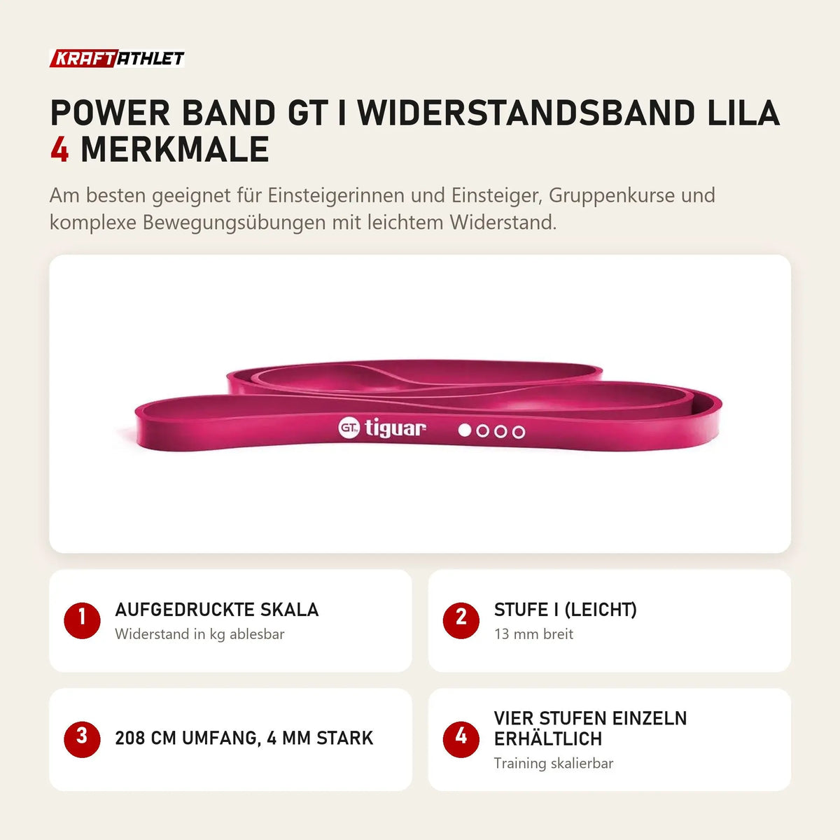 tiguar Power Band GT I Widerstandsband Lila mit 4 Merkmalen: Aufgedruckte Skala, Stufe I (leicht), 208 cm Umfang, 4 mm stark, Vier Stufen einzeln erhältlich