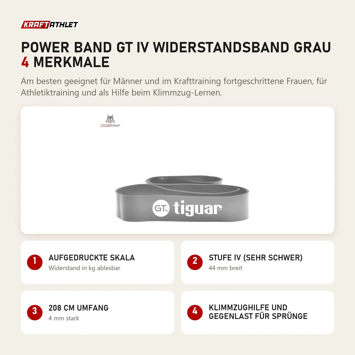 tiguar Power Band GT IV Widerstandsband Grau mit 4 Merkmalen: Aufgedruckte Skala, Stufe IV (sehr schwer), 208 cm Umfang, Klimmzughilfe und Gegenlast für Sprünge