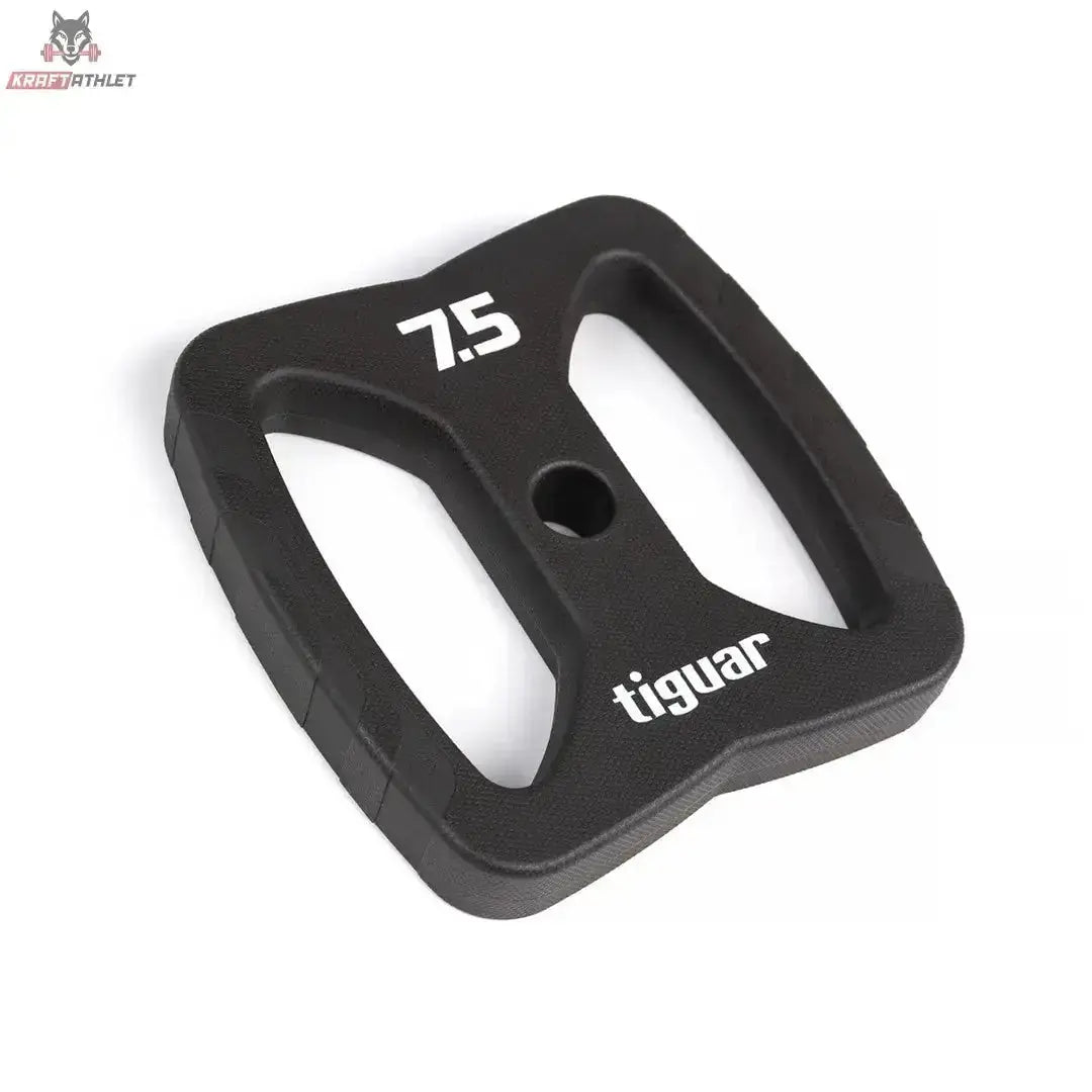 tiguar Power Gym Butterfly Scheiben 7,5 kg V2 (Paar), Schrägansicht einer Scheibe mit Griffen
