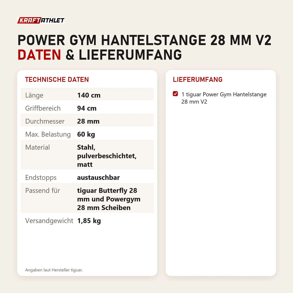Technische Daten und Lieferumfang von tiguar Power Gym Hantelstange 28 mm V2 als Tabelle