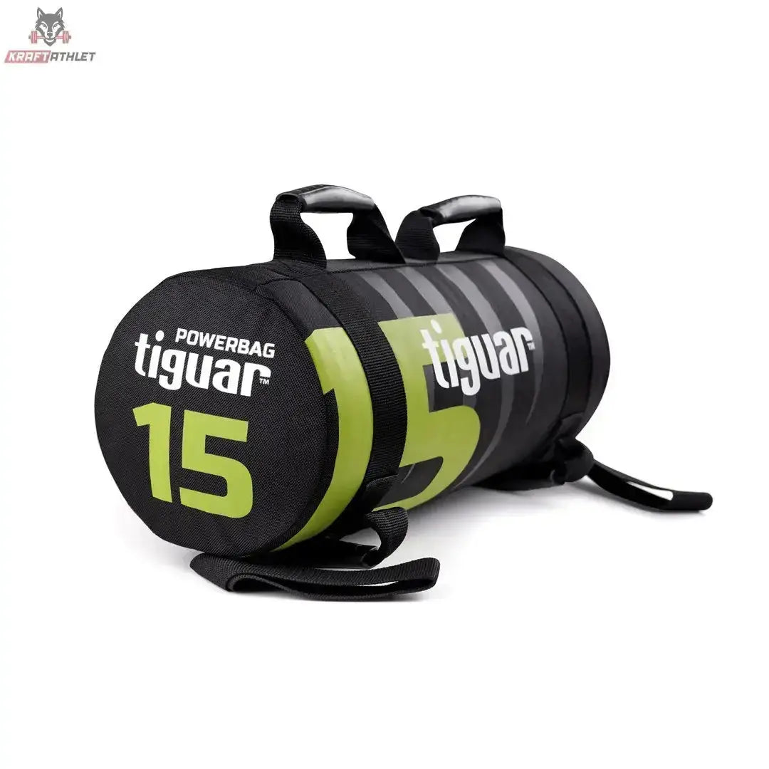 tiguar Powerbag 15 kg V3 in Schwarz mit limettengrüner Ziffer 15 und Tragegriffen, Schrägansicht