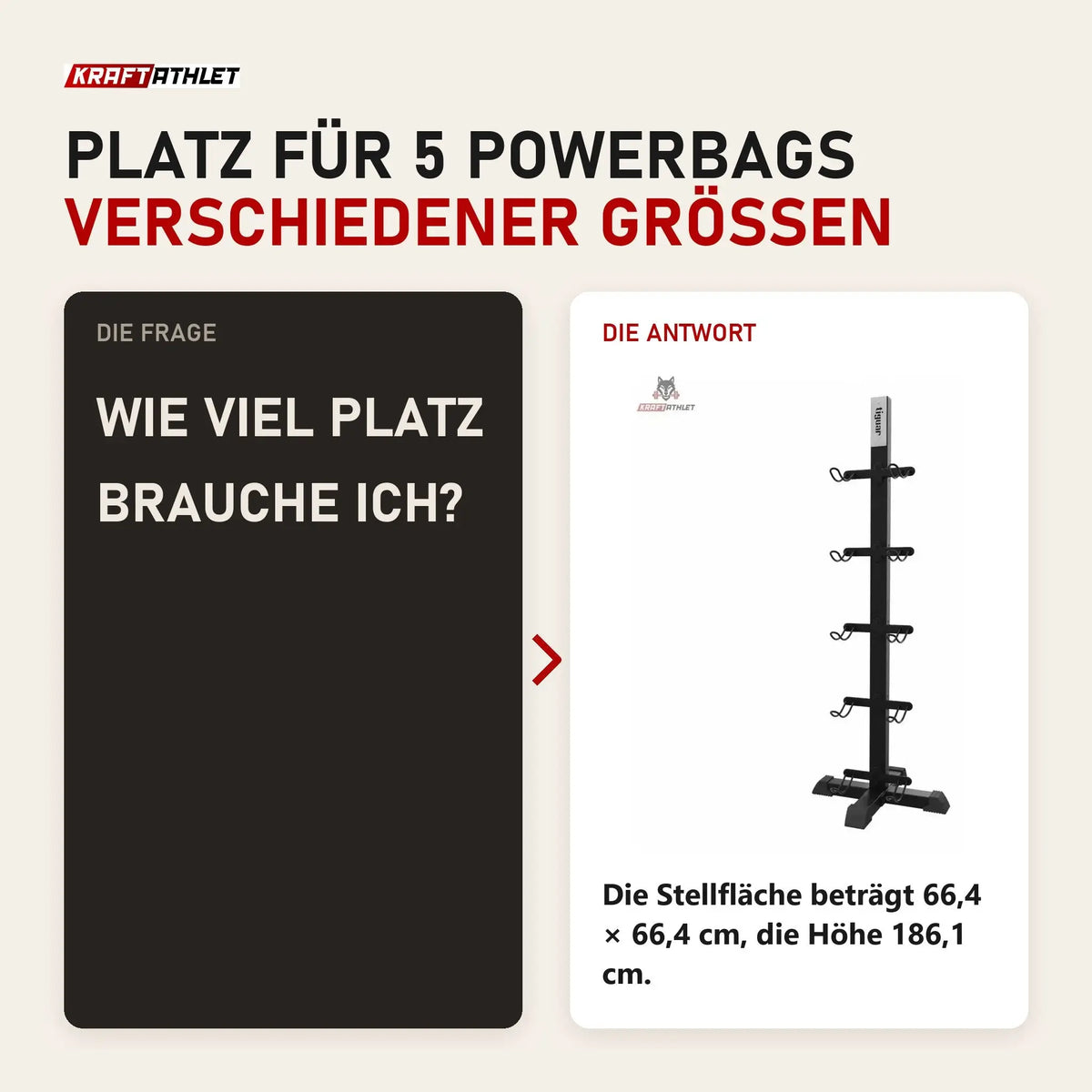 Frage und Antwort zu tiguar Powerbag-Rack 5-fach Aufbewahrung: Wie viel Platz brauche ich?
