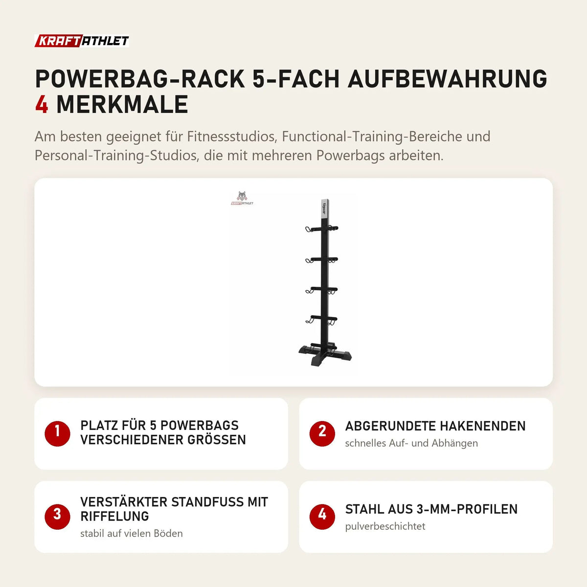 tiguar Powerbag-Rack 5-fach Aufbewahrung mit 4 Merkmalen: Platz für 5 Powerbags verschiedener Größen, Abgerundete Hakenenden, Verstärkter Standfuß mit Riffelung, Stahl aus 3-mm-Profilen