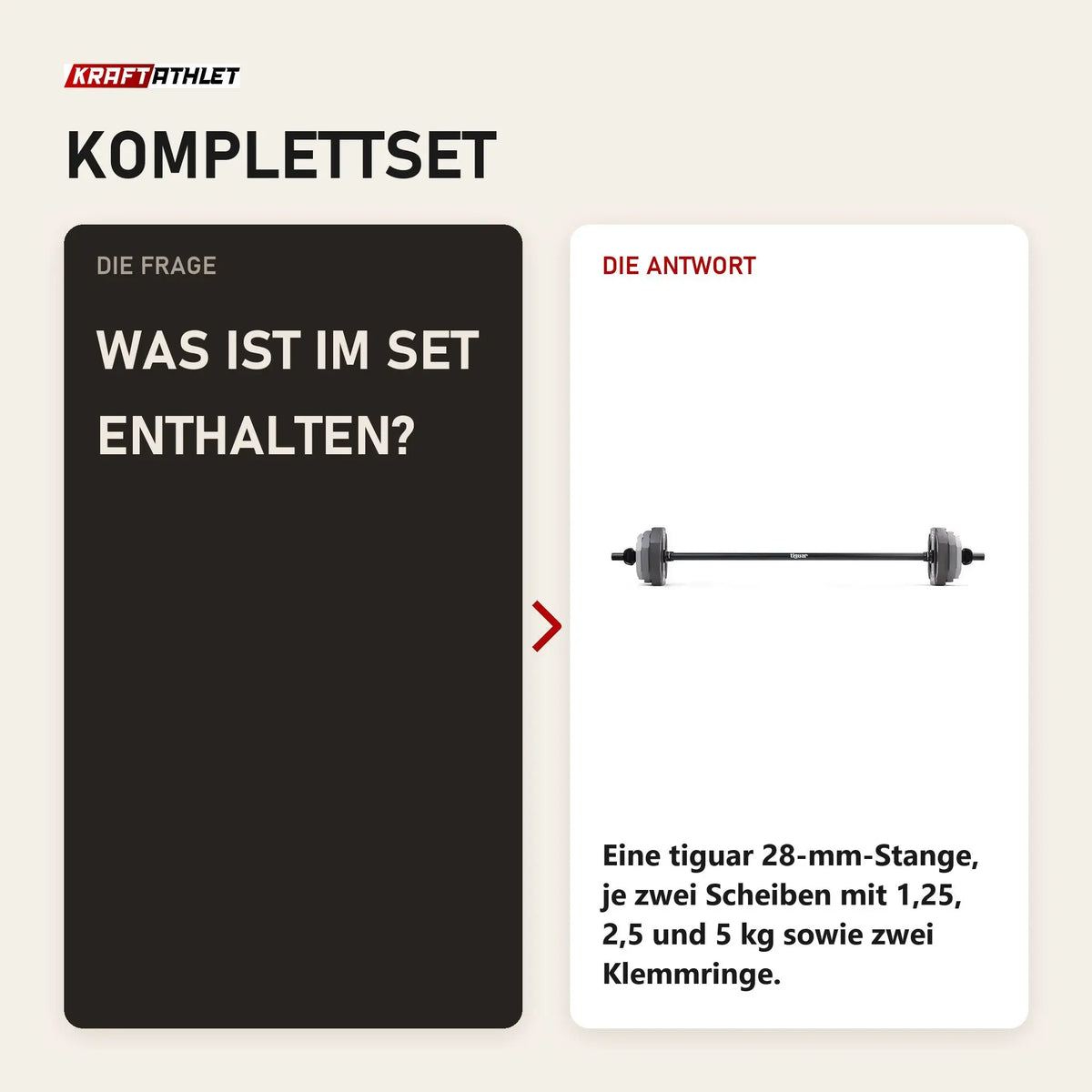 Frage und Antwort zu tiguar Powergym Fitness-Langhantel-Set v2: Was ist im Set enthalten?