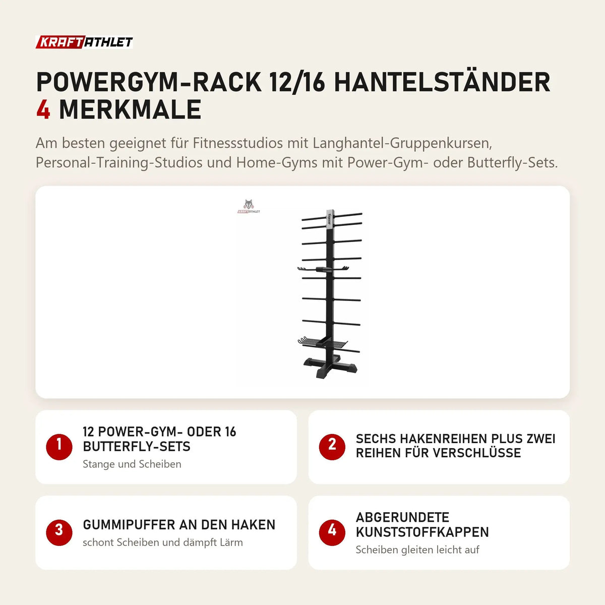 tiguar Powergym-Rack 12/16 Hantelständer mit 4 Merkmalen: 12 Power-Gym- oder 16 Butterfly-Sets, Sechs Hakenreihen plus zwei Reihen für Verschlüsse, Gummipuffer an den Haken, Abgerundete Kunststoffkappen