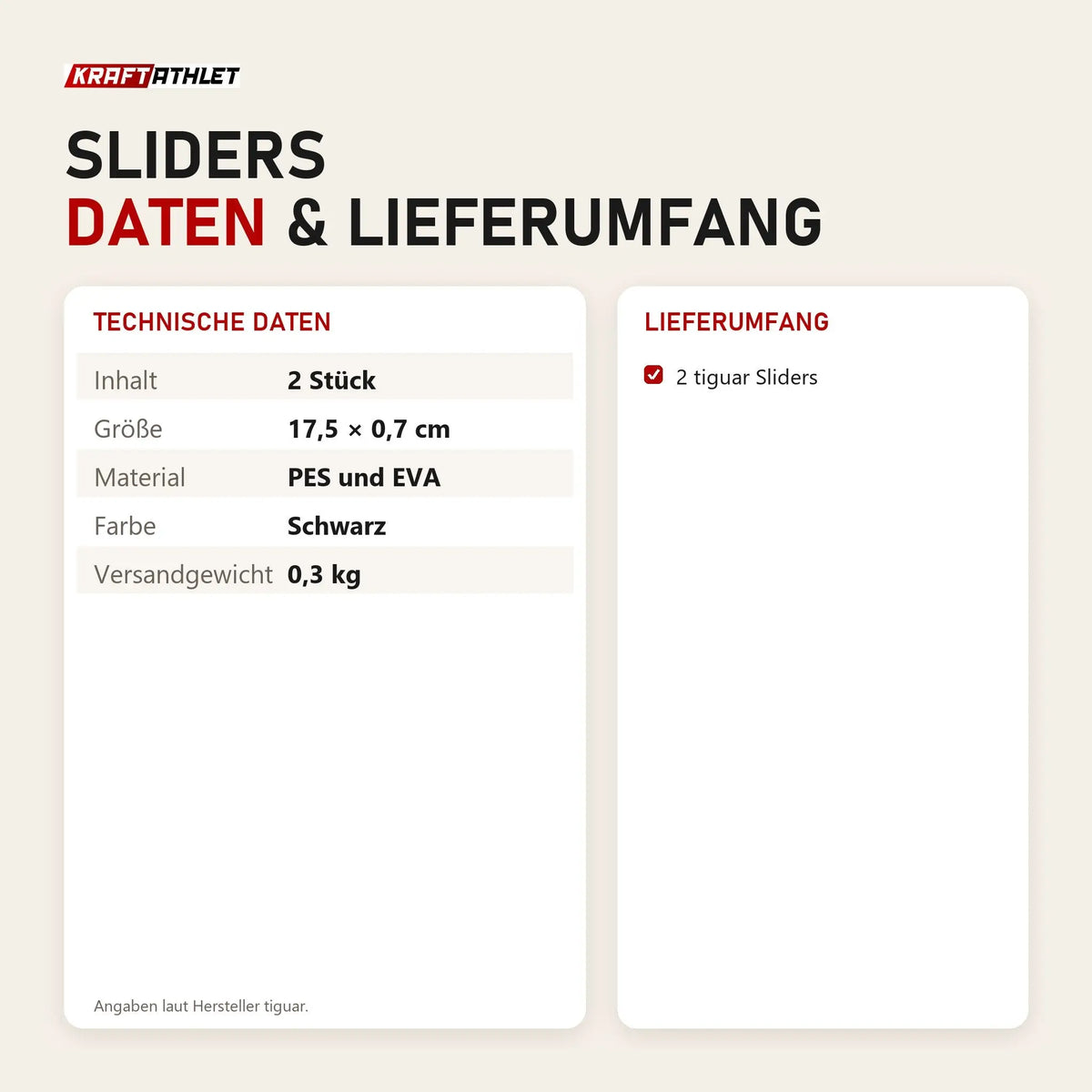 Technische Daten und Lieferumfang von tiguar Sliders als Tabelle