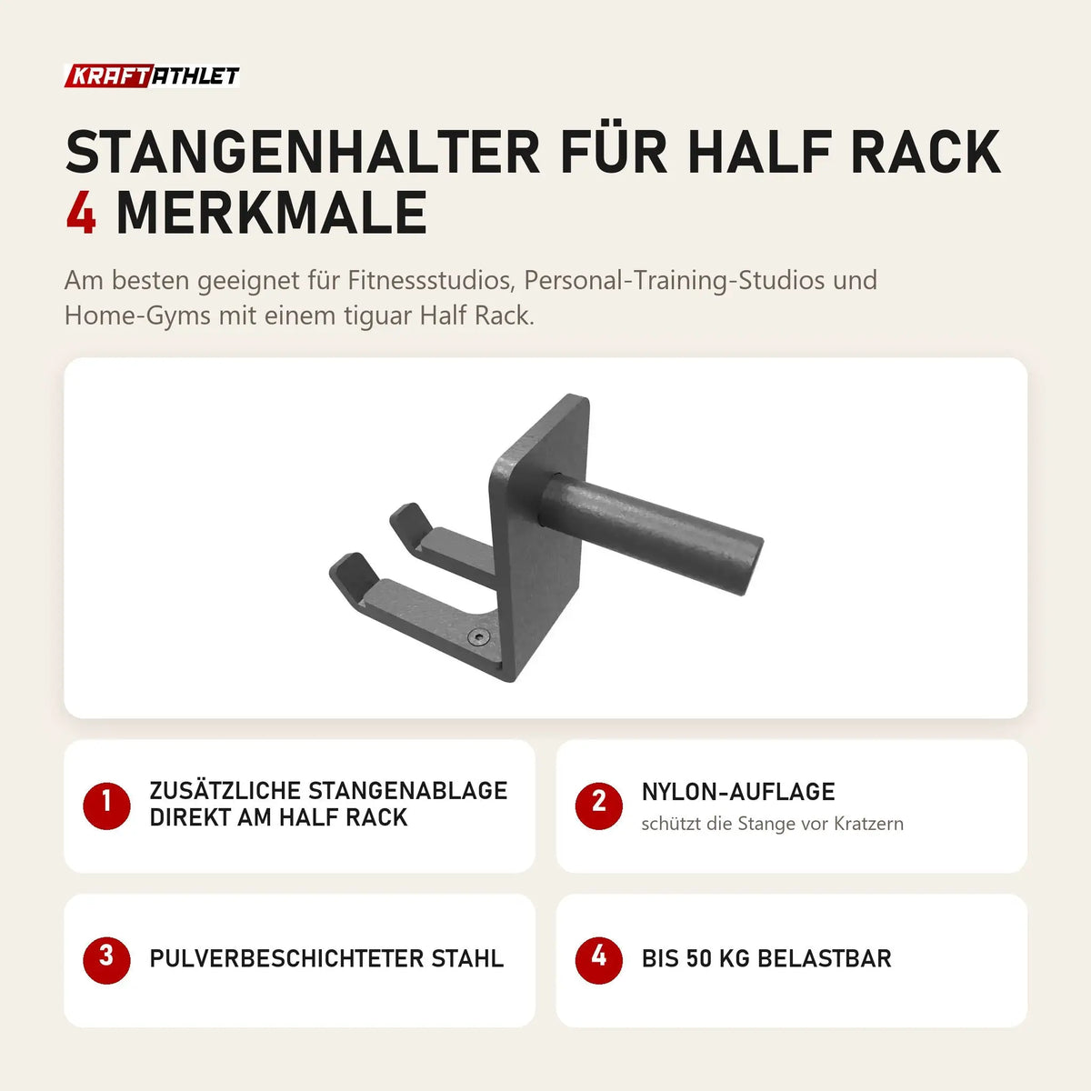 tiguar Stangenhalter für Half Rack mit 4 Merkmalen: Zusätzliche Stangenablage direkt am Half Rack, Nylon-Auflage, Pulverbeschichteter Stahl, Bis 50 kg belastbar