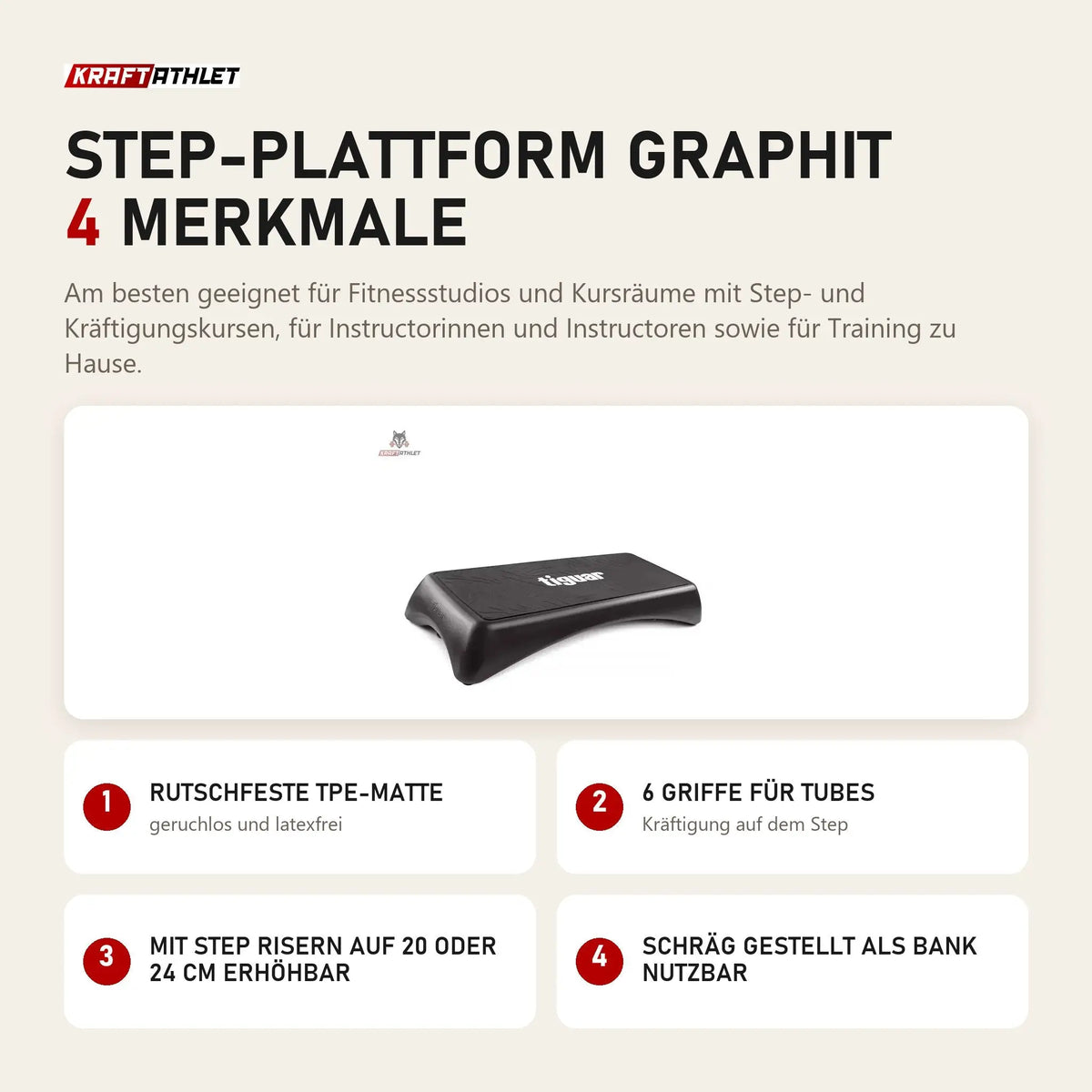 tiguar Step-Plattform Graphit mit 4 Merkmalen: Rutschfeste TPE-Matte, 6 Griffe für Tubes, Mit Step Risern auf 20 oder 24 cm erhöhbar, Schräg gestellt als Bank nutzbar