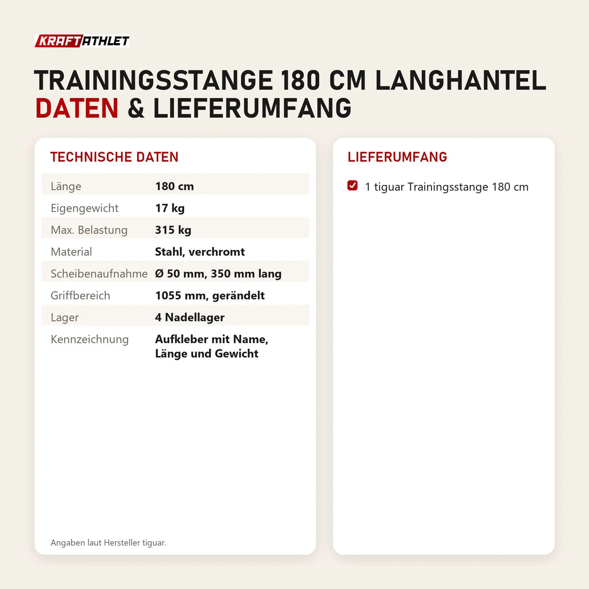Technische Daten und Lieferumfang von tiguar Trainingsstange 180 cm Langhantel als Tabelle