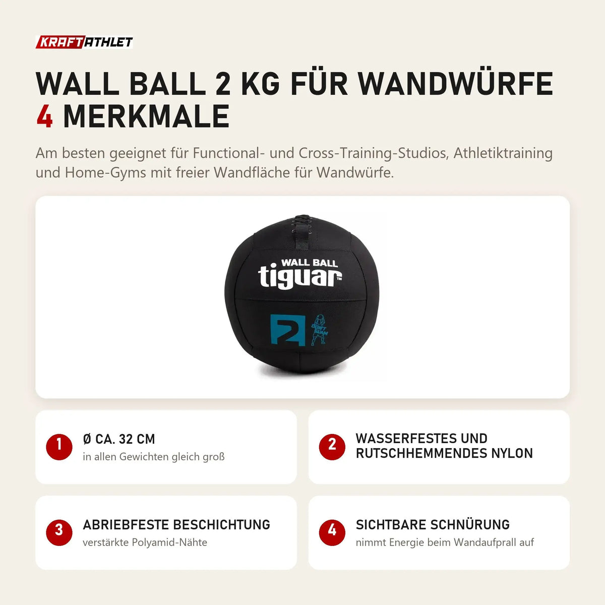 tiguar Wall Ball 2 kg für Wandwürfe mit 4 Merkmalen: Ø ca. 32 cm, Wasserfestes und rutschhemmendes Nylon, Abriebfeste Beschichtung, Sichtbare Schnürung