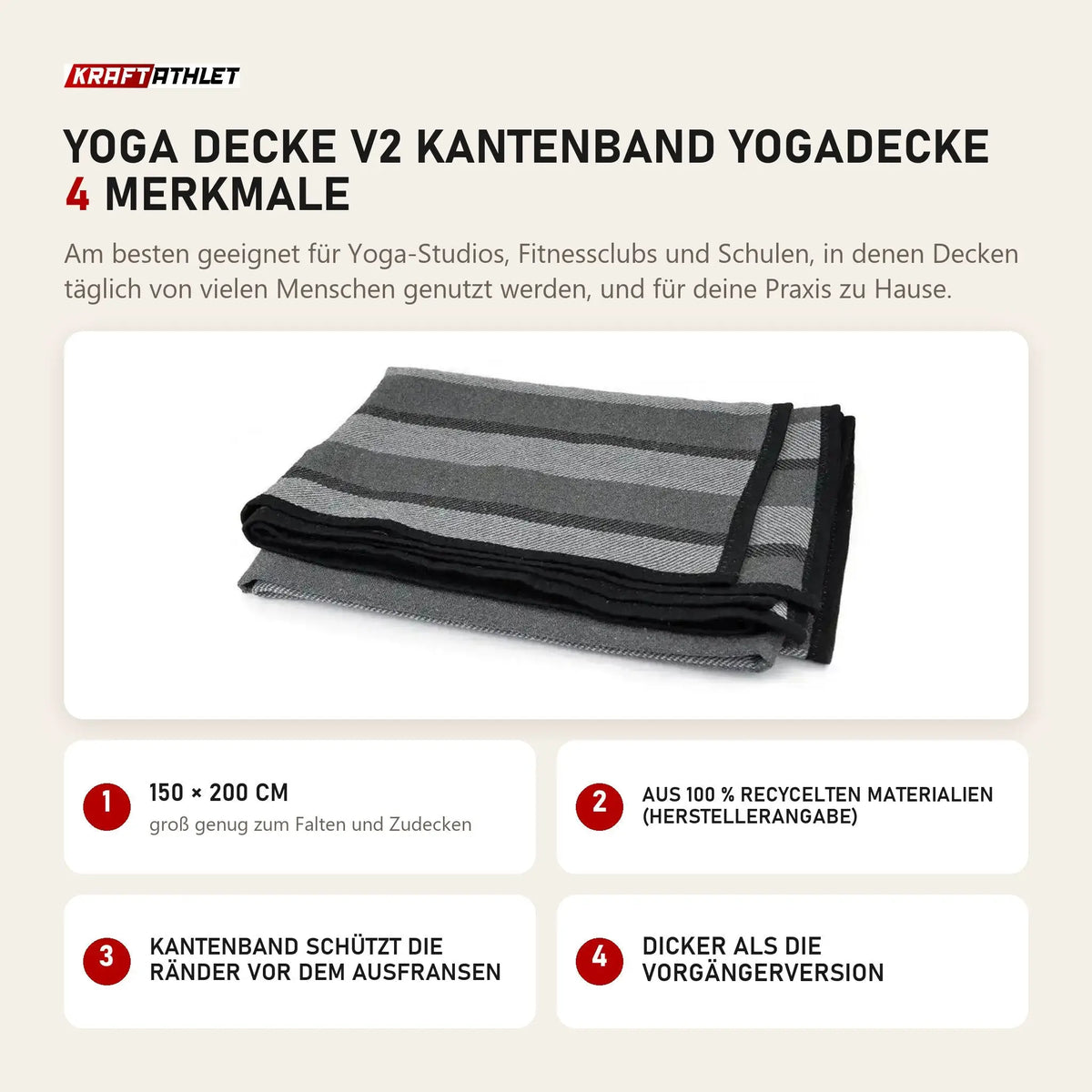 tiguar Yoga Decke V2 Kantenband Yogadecke mit 4 Merkmalen: 150 × 200 cm, Aus 100 % recycelten Materialien (Herstellerangabe), Kantenband schützt die Ränder vor dem Ausfransen, Dicker als die Vorgängerversion