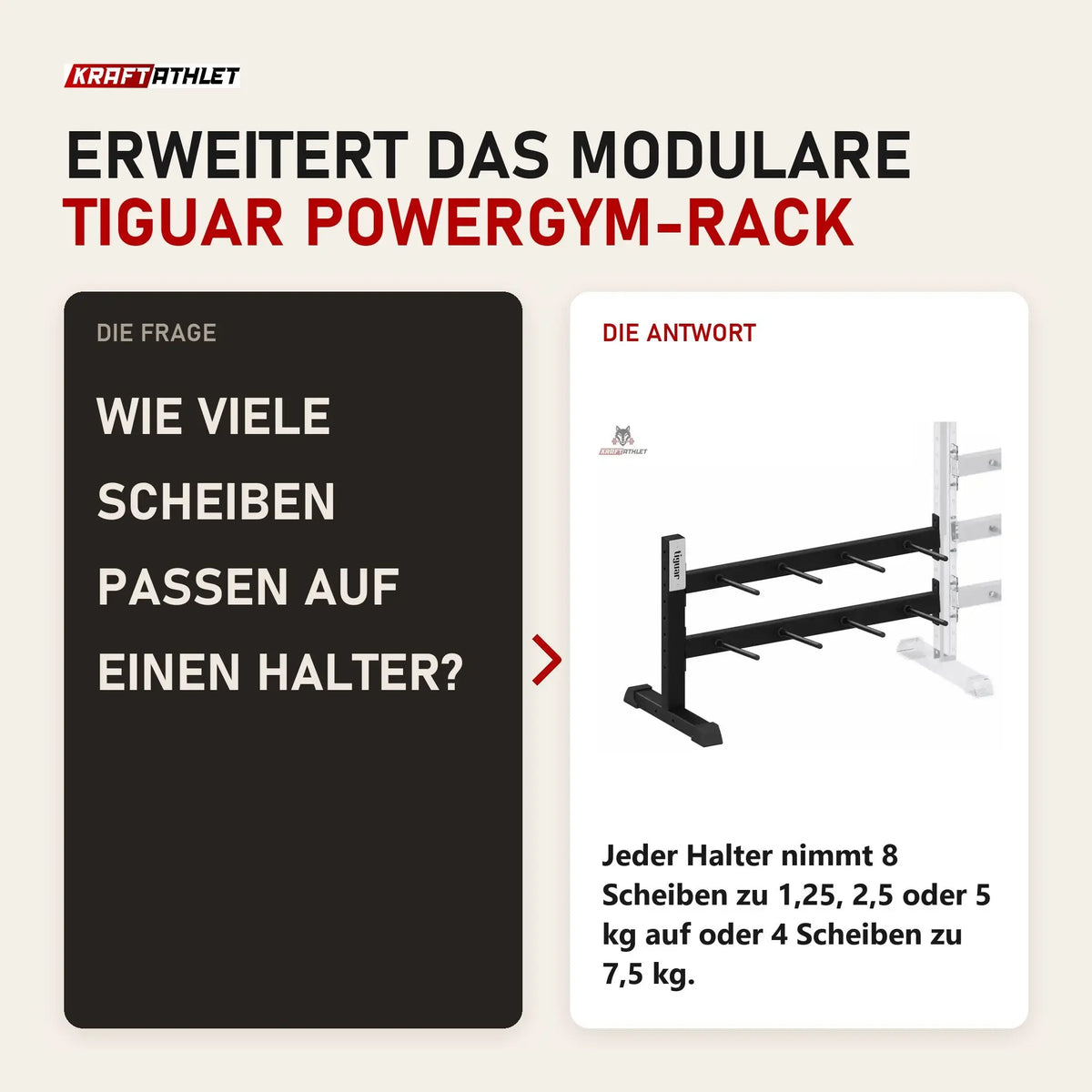 Frage und Antwort zu tiguar Zusatzmodul für Powergym-Rack: Wie viele Scheiben passen auf einen Halter?
