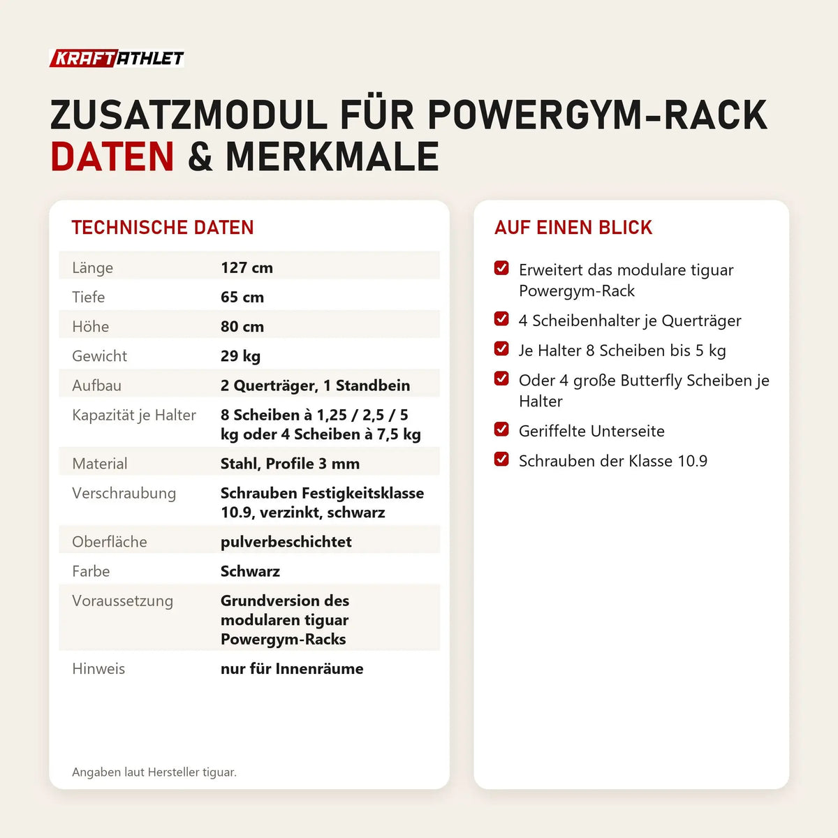 Technische Daten und Merkmale von tiguar Zusatzmodul für Powergym-Rack als Tabelle