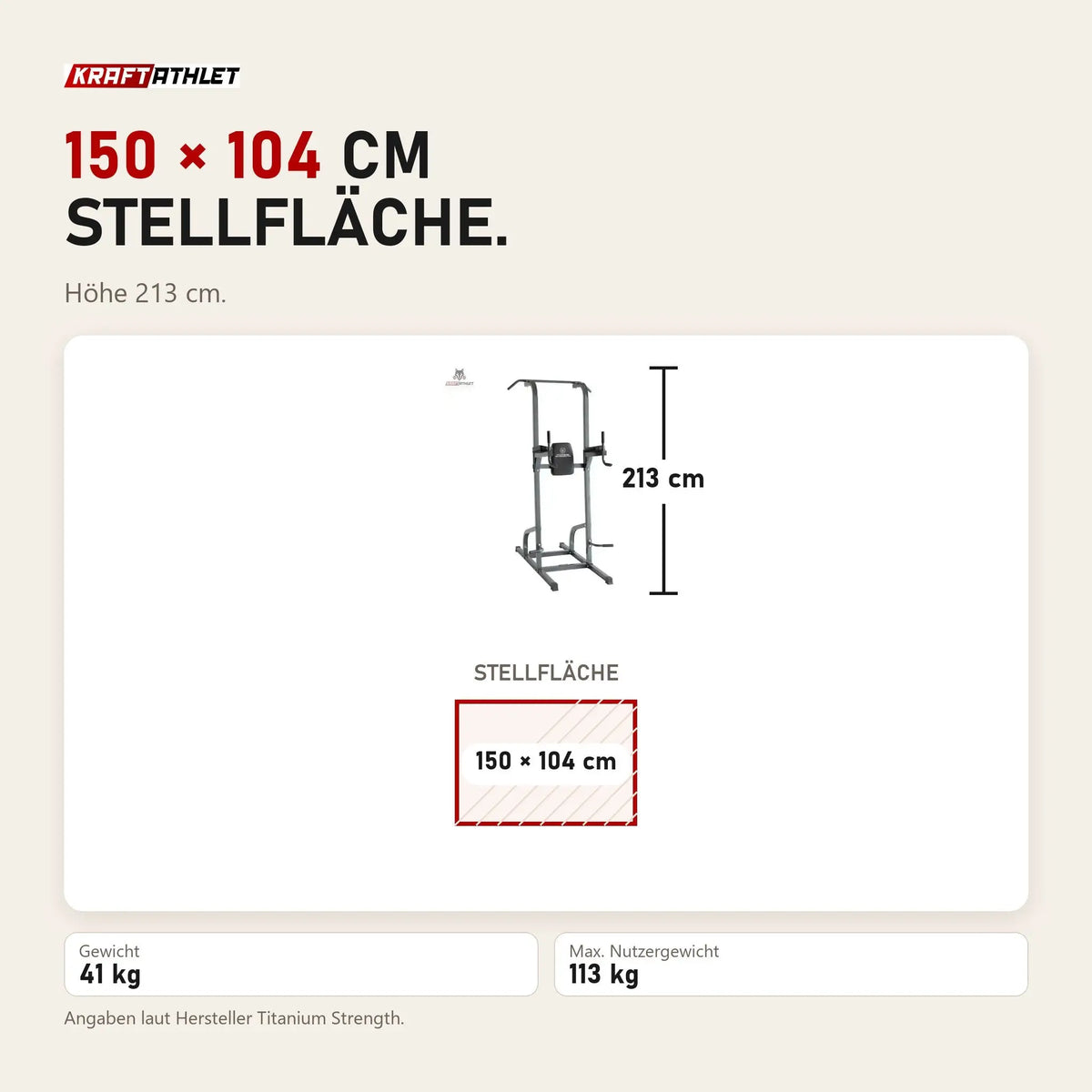 Maßbild Titanium Strength 115PM Klimmzugstation Deluxe: Stellfläche 150 × 104 cm, Höhe 213 cm