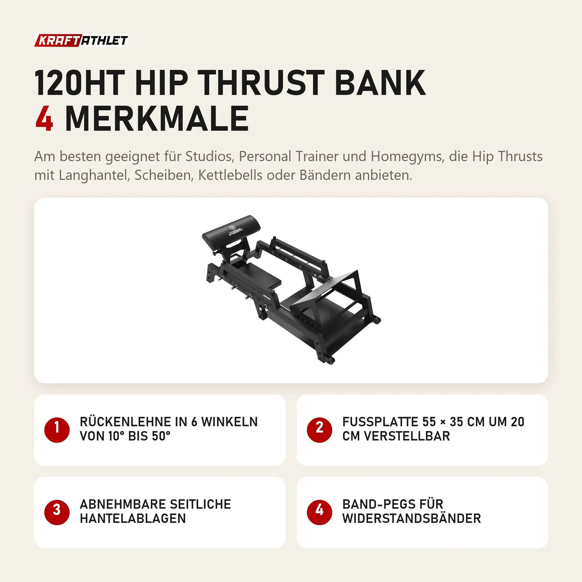 Titanium Strength 120HT Hip Thrust Bank mit 4 Merkmalen: Rückenlehne in 6 Winkeln von 10° bis 50°, Fußplatte 55 × 35 cm um 20 cm verstellbar, Abnehmbare seitliche Hantelablagen, Band-Pegs für Widerstandsbänder