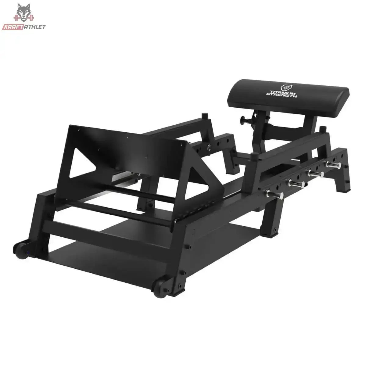 Titanium Strength 120HT Hip Thrust Bank, Schrägansicht von hinten mit gepolsterter Hüftauflage