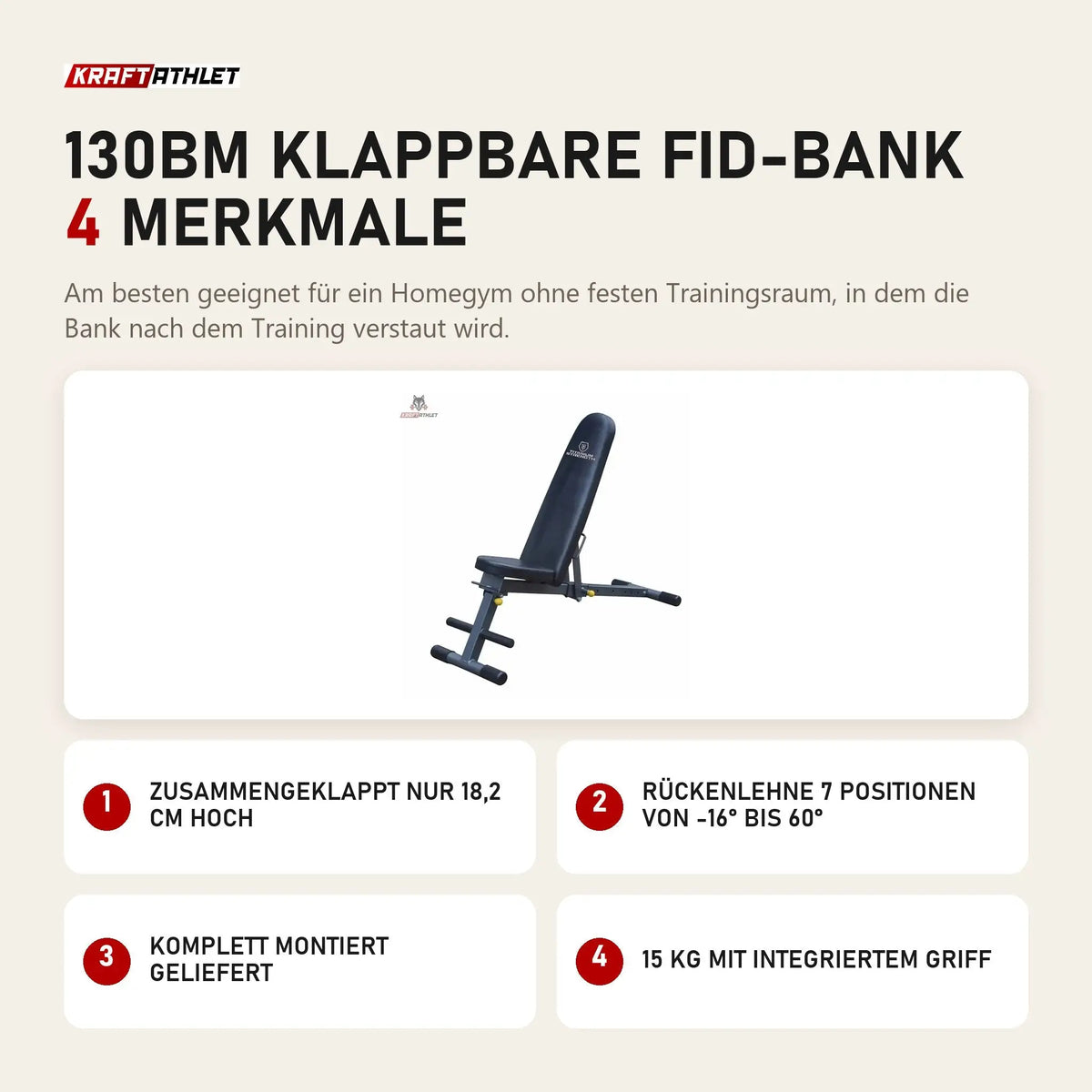Titanium Strength 130BM Klappbare FID-Bank mit 4 Merkmalen: Zusammengeklappt nur 18,2 cm hoch, Rückenlehne 7 Positionen von -16° bis 60°, Komplett montiert geliefert, 15 kg mit integriertem Griff