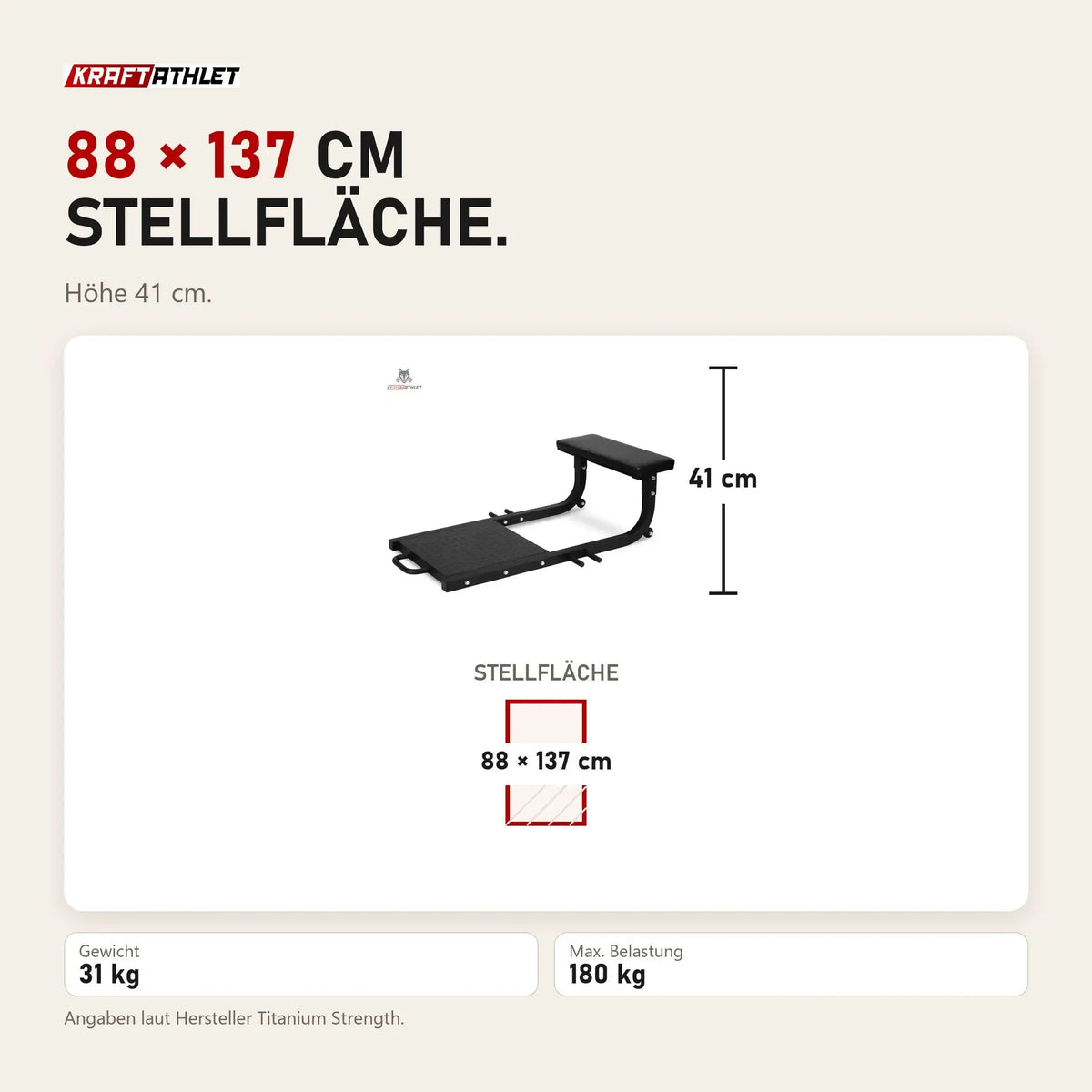 Maßbild Titanium Strength 140HT Hip Thrust Bank: Stellfläche 88 × 137 cm, Höhe 41 cm