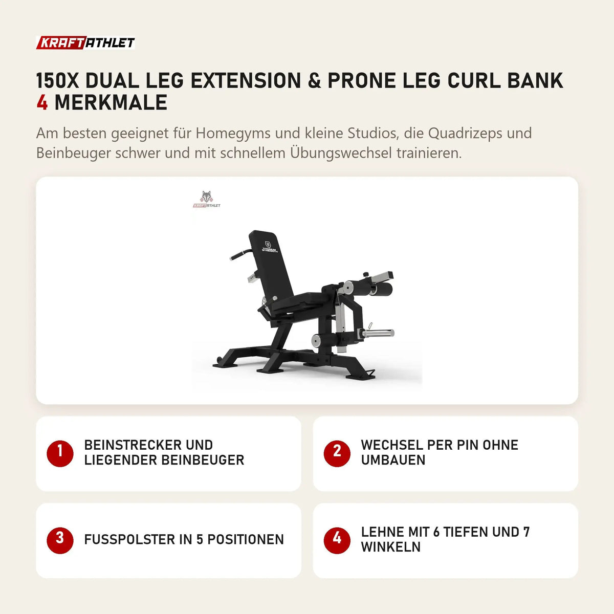 Titanium Strength 150X Dual Leg Extension & Prone Leg Curl Bank mit 4 Merkmalen: Beinstrecker und liegender Beinbeuger, Wechsel per Pin ohne Umbauen, Fußpolster in 5 Positionen, Lehne mit 6 Tiefen und 7 Winkeln