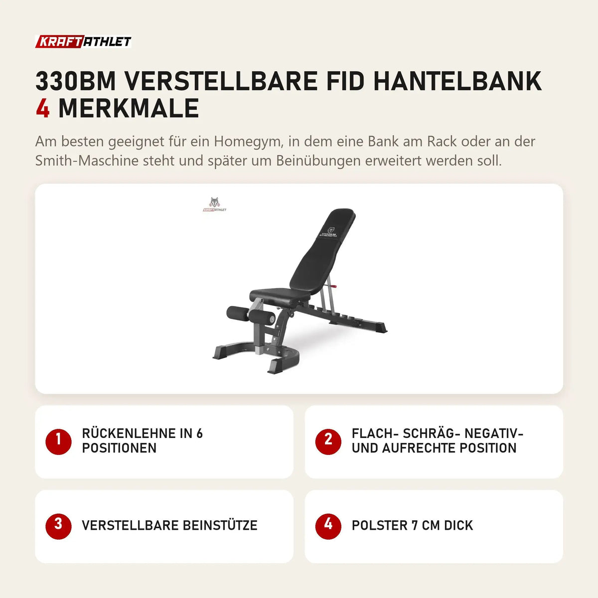 Titanium Strength 330BM Verstellbare FID Hantelbank mit 4 Merkmalen: Rückenlehne in 6 Positionen, Flach- Schräg- Negativ- und aufrechte Position, Verstellbare Beinstütze, Polster 7 cm dick