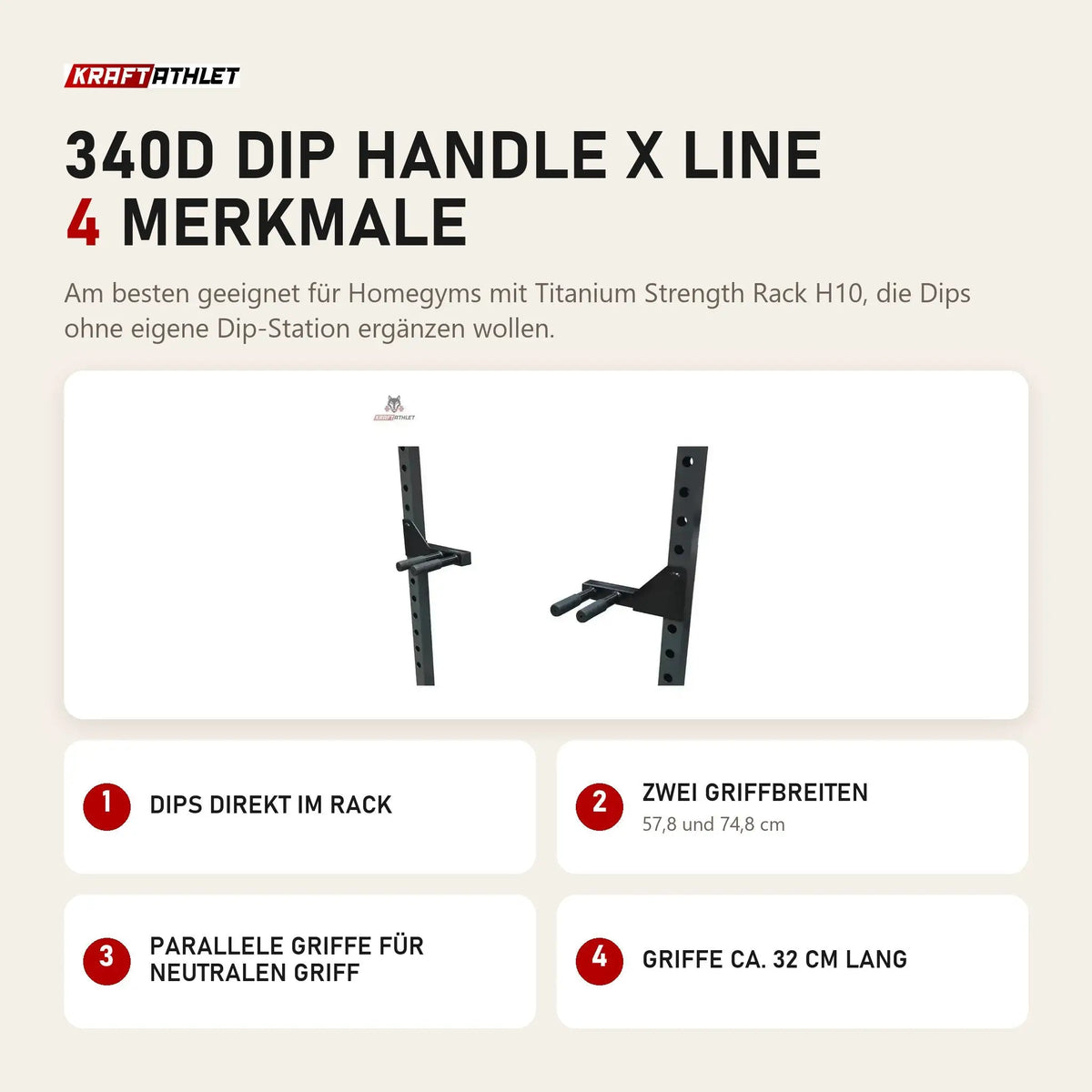 Titanium Strength 340D Dip Handle X Line mit 4 Merkmalen: Dips direkt im Rack, Zwei Griffbreiten, Parallele Griffe für neutralen Griff, Griffe ca. 32 cm lang