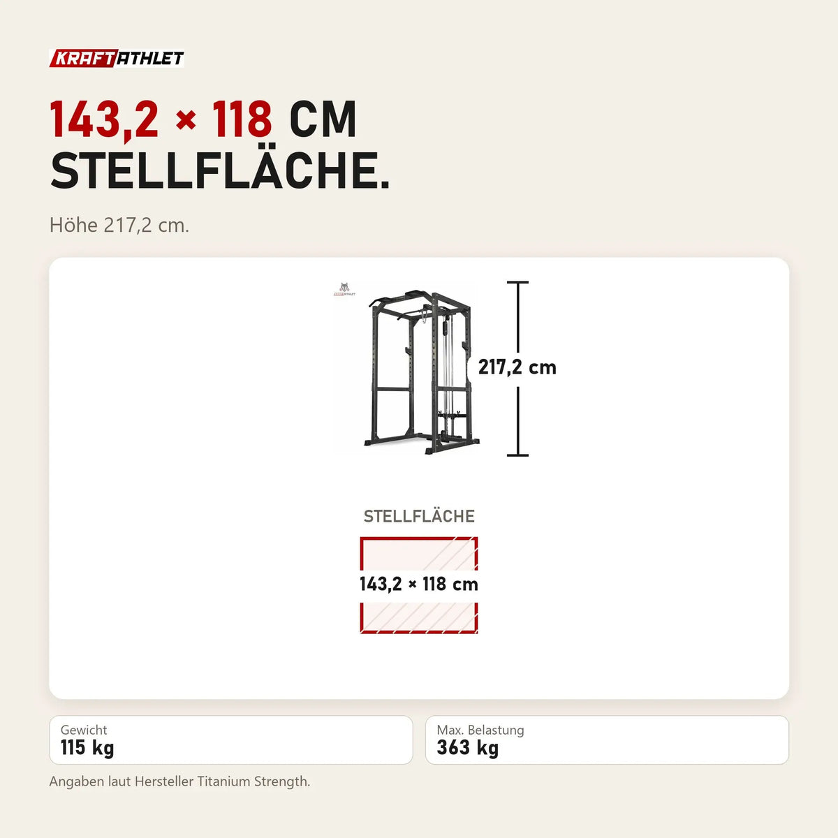 Maßbild Titanium Strength 340PL Full Heavy Duty Power Cage: Stellfläche 143,2 × 118 cm, Höhe 217,2 cm