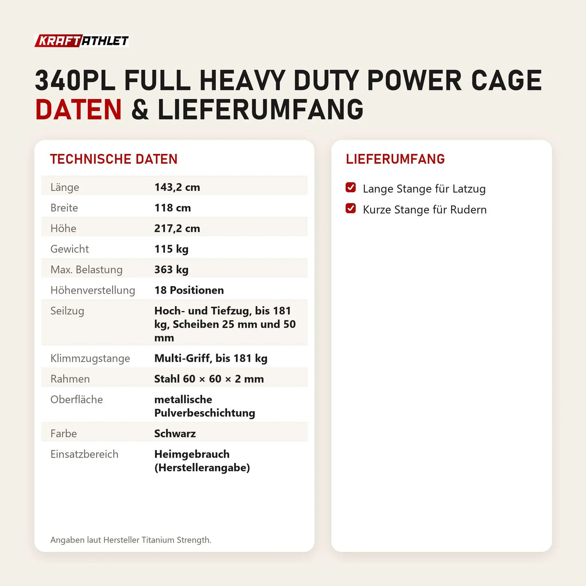 Technische Daten und Lieferumfang von Titanium Strength 340PL Full Heavy Duty Power Cage als Tabelle