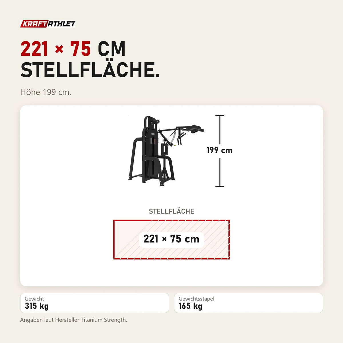 Maßbild Titanium Strength Elite Series Agilitäts- und Richtungswechselmaschine: Stellfläche 221 × 75 cm, Höhe 199 cm