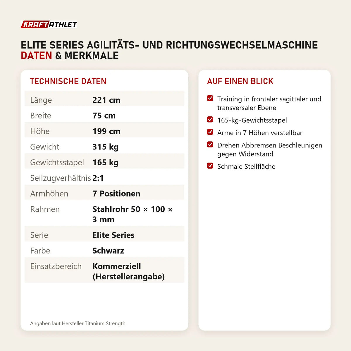 Technische Daten und Merkmale von Titanium Strength Elite Series Agilitäts- und Richtungswechselmaschine als Tabelle