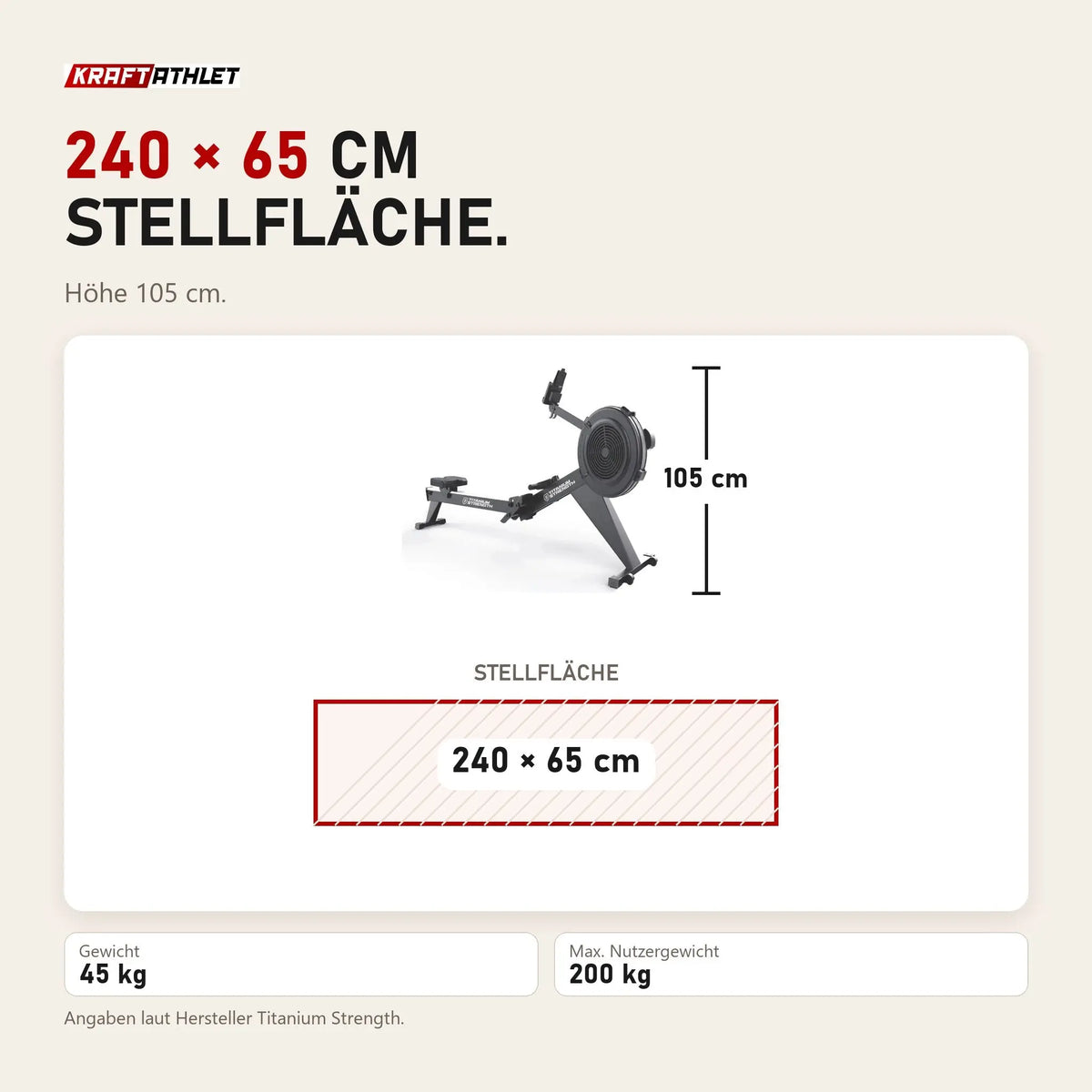 Maßbild Titanium Strength Air Rowing Machine Rudergerät: Stellfläche 240 × 65 cm, Höhe 105 cm