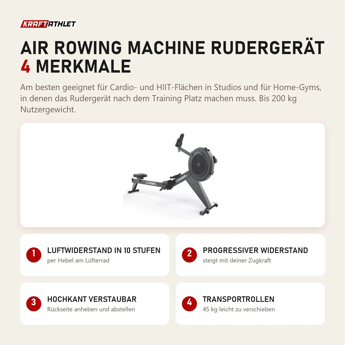 Titanium Strength Air Rowing Machine Rudergerät mit 4 Merkmalen: Luftwiderstand in 10 Stufen, Progressiver Widerstand, Hochkant verstaubar, Transportrollen