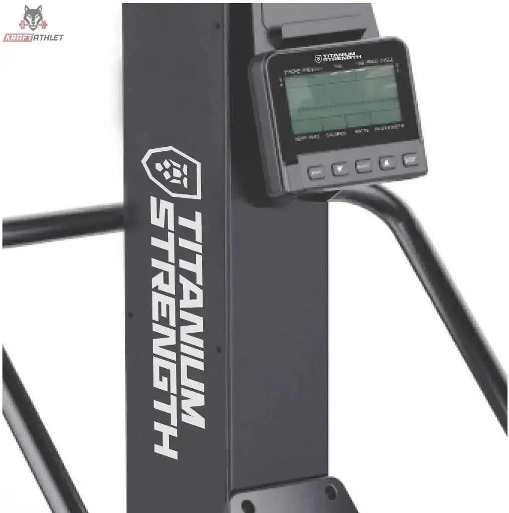 Titanium Strength Air Ski Trainer mit Ständer: Detail des Masts mit Logo und Konsole