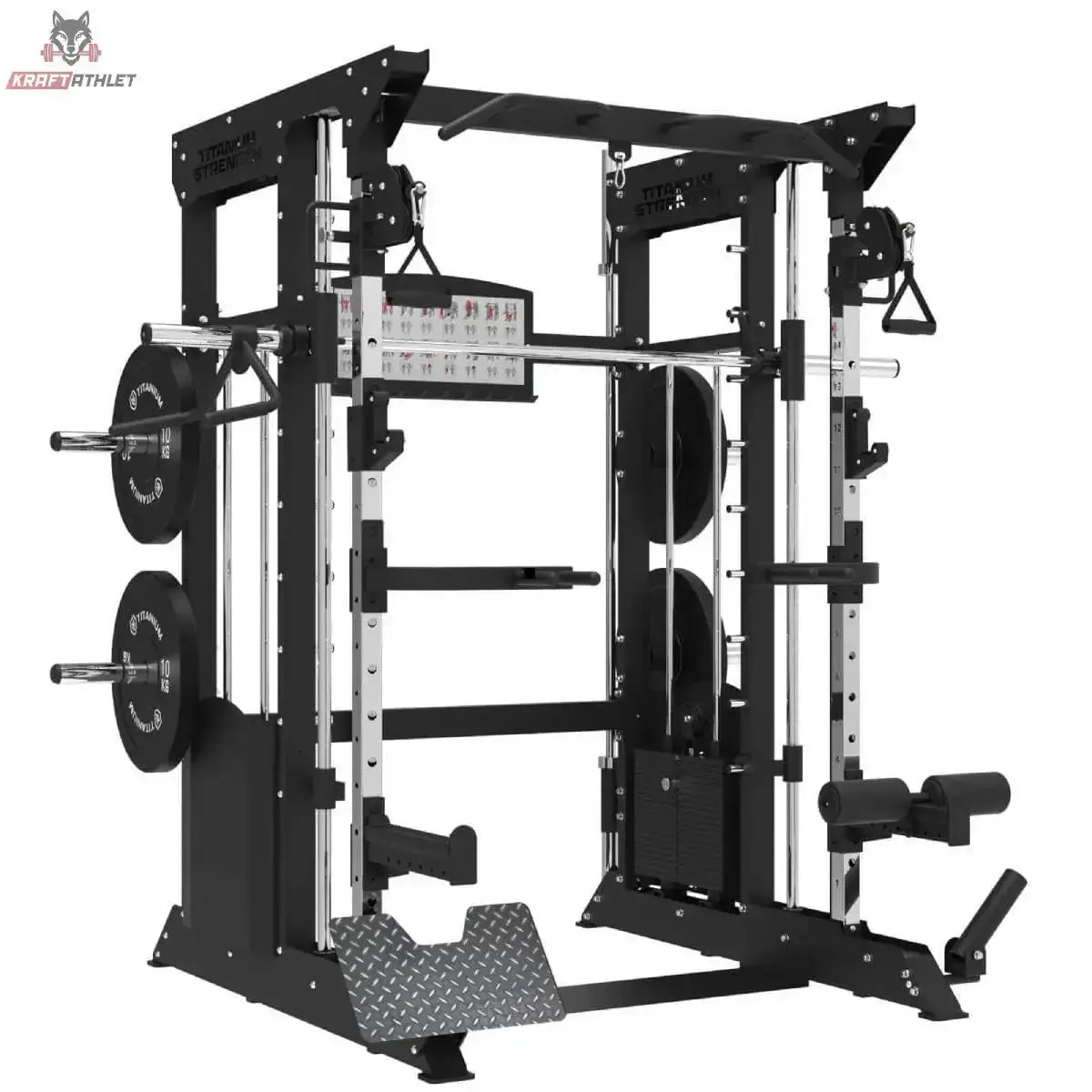 Titanium Strength All-in-One-Fitnessstudio Paket: Schrägansicht der Multipresse mit Seilzug und Klimmzugstange in Schwarz