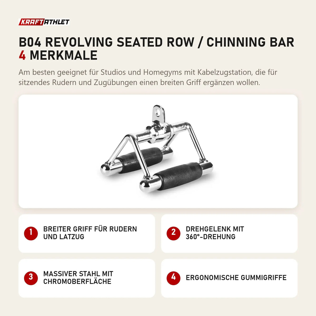 Titanium Strength B04 Revolving Seated Row / Chinning Bar mit 4 Merkmalen: Breiter Griff für Rudern und Latzug, Drehgelenk mit 360°-Drehung, Massiver Stahl mit Chromoberfläche, Ergonomische Gummigriffe