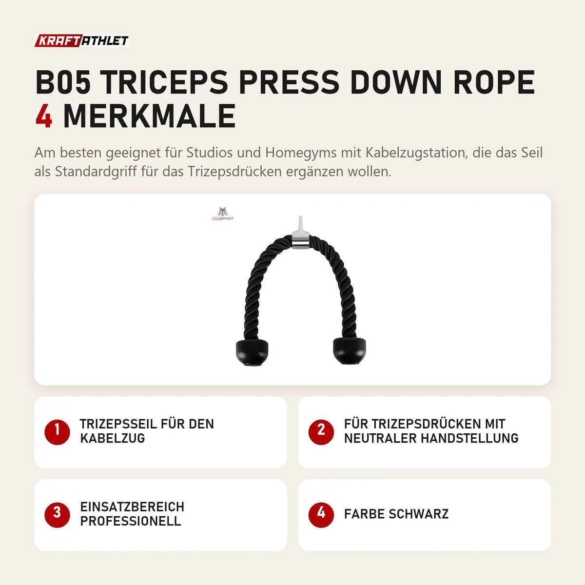 Titanium Strength B05 Triceps Press Down Rope mit 4 Merkmalen: Trizepsseil für den Kabelzug, Für Trizepsdrücken mit neutraler Handstellung, Einsatzbereich professionell, Farbe Schwarz