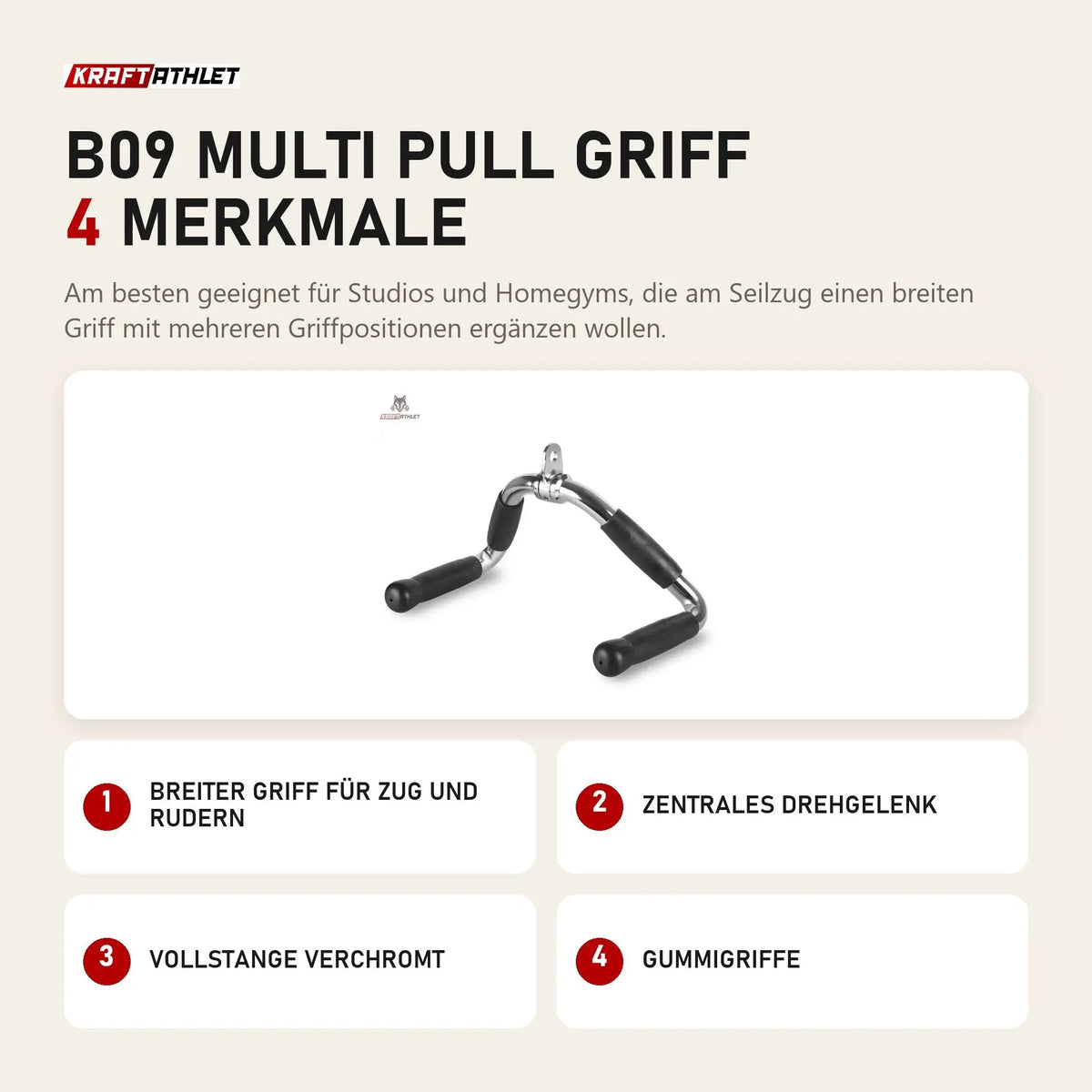 Titanium Strength B09 Multi Pull Griff mit 4 Merkmalen: Breiter Griff für Zug und Rudern, Zentrales Drehgelenk, Vollstange verchromt, Gummigriffe