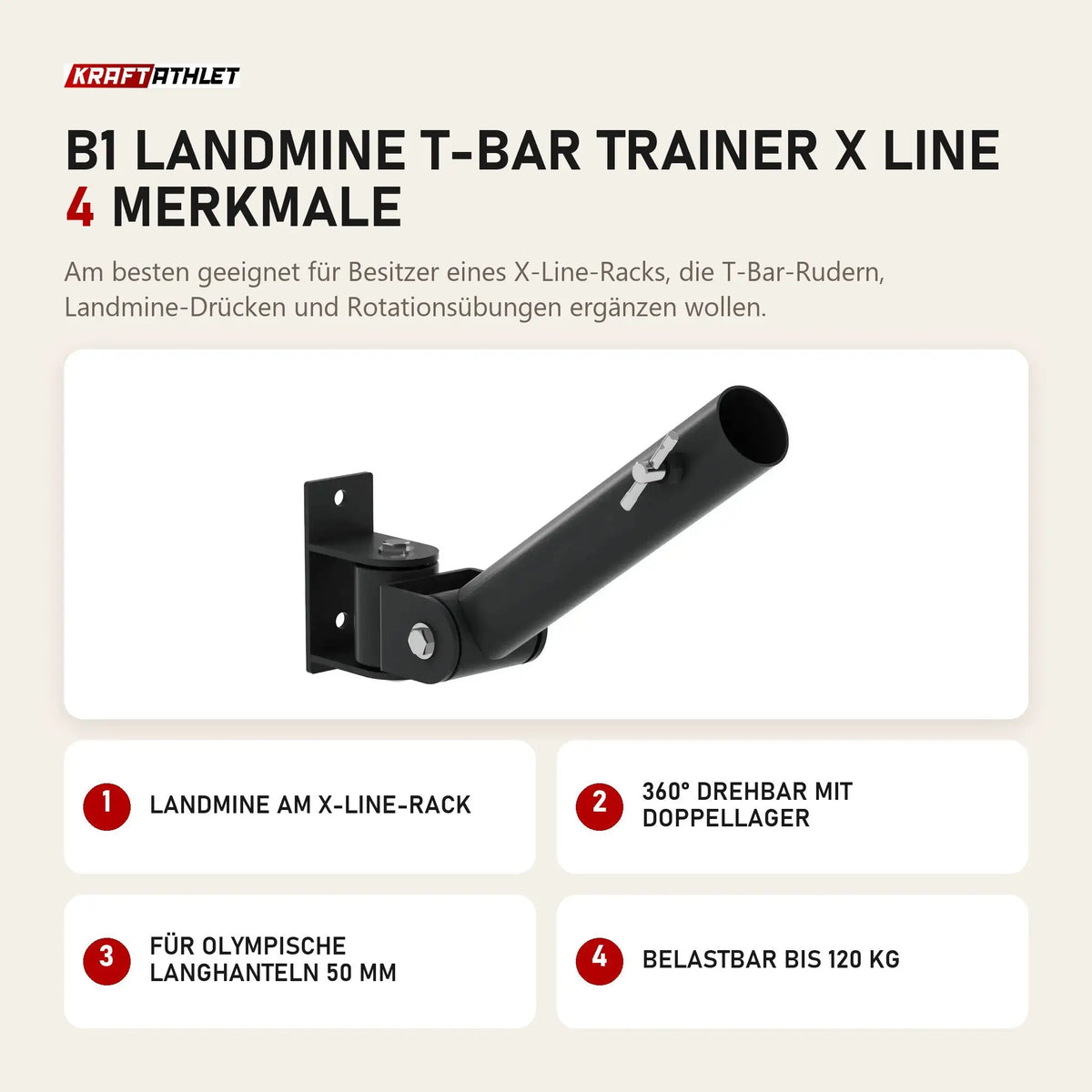 Titanium Strength B1 Landmine T-Bar Trainer X Line mit 4 Merkmalen: Landmine am X-Line-Rack, 360° drehbar mit Doppellager, Für olympische Langhanteln 50 mm, Belastbar bis 120 kg