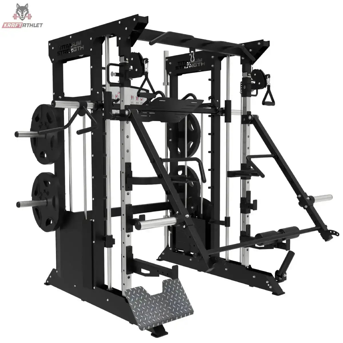 Titanium Strength B100 / B200 Jammer Arms am Kraftstation-Rack montiert, Schrägansicht von links mit Hantelscheiben