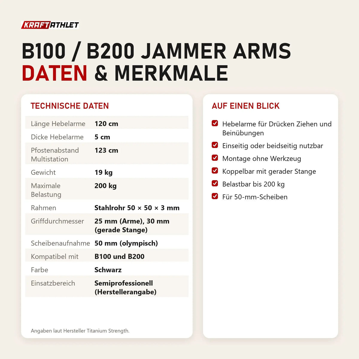 Technische Daten und Merkmale von Titanium Strength B100 / B200 Jammer Arms als Tabelle