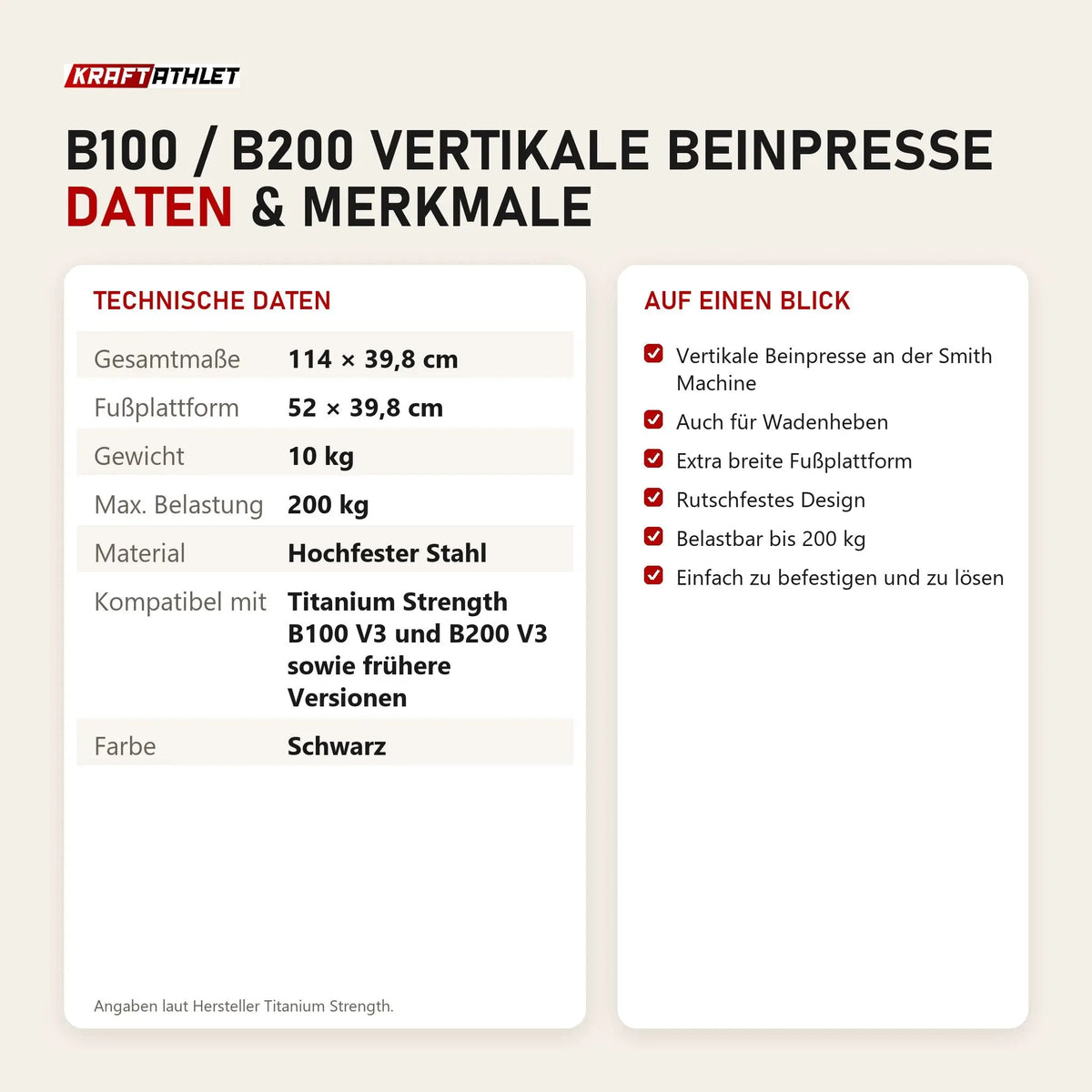 Technische Daten und Merkmale von Titanium Strength B100 / B200 Vertikale Beinpresse als Tabelle