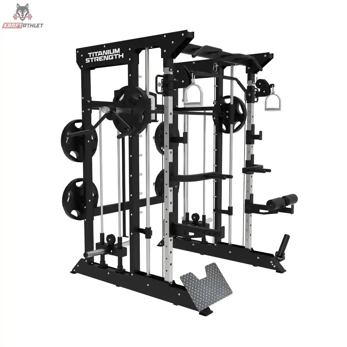 Titanium Strength B100 V2 All-in-One Trainer – Schrägansicht von links mit Multipresse und Scheiben