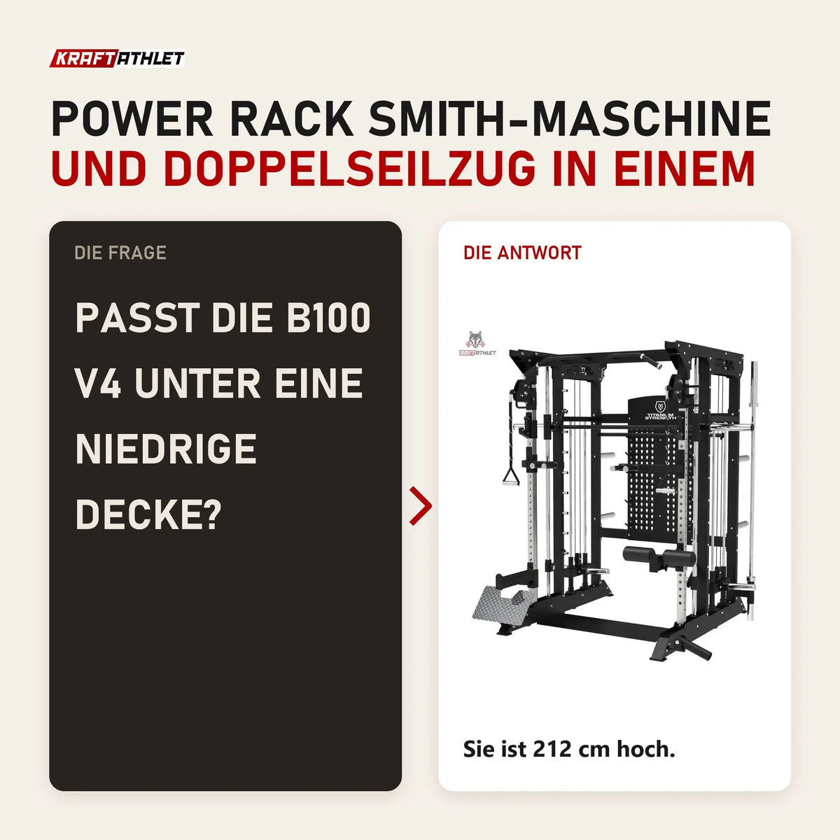 Frage und Antwort zu Titanium Strength B100 V4 Kraftstation: Passt die B100 V4 unter eine niedrige Decke?