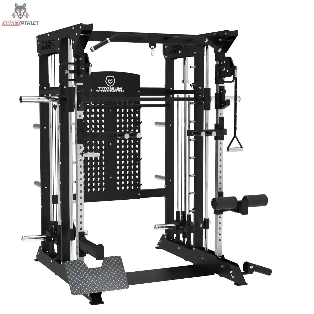 Titanium Strength B100 V4 Kraftstation: Schrägansicht von rechts mit Beinrolle und Griffen