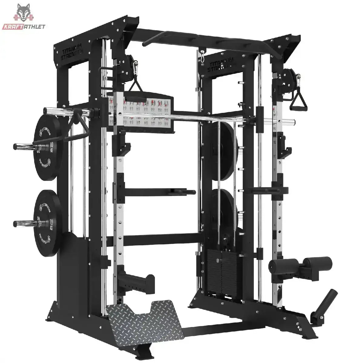 Titanium Strength B200 V3 All-in-One Trainer in Frontansicht mit Smith-Stange und Hantelscheiben