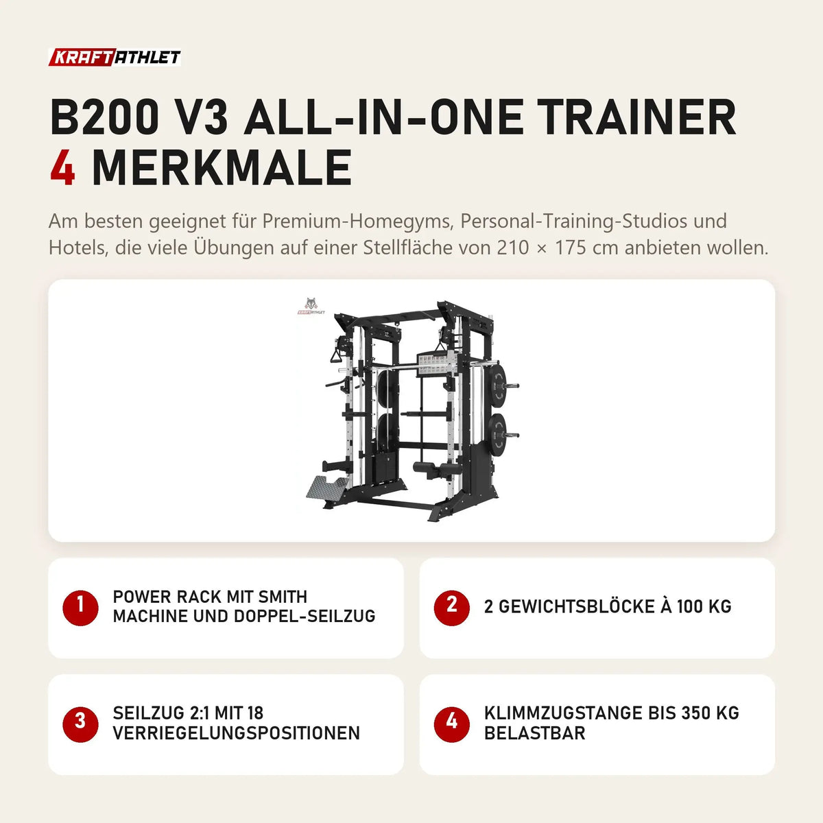 Titanium Strength B200 V3 All-in-One Trainer mit 4 Merkmalen: Power Rack mit Smith Machine und Doppel-Seilzug, 2 Gewichtsblöcke à 100 kg, Seilzug 2:1 mit 18 Verriegelungspositionen, Klimmzugstange bis 350 kg belastbar