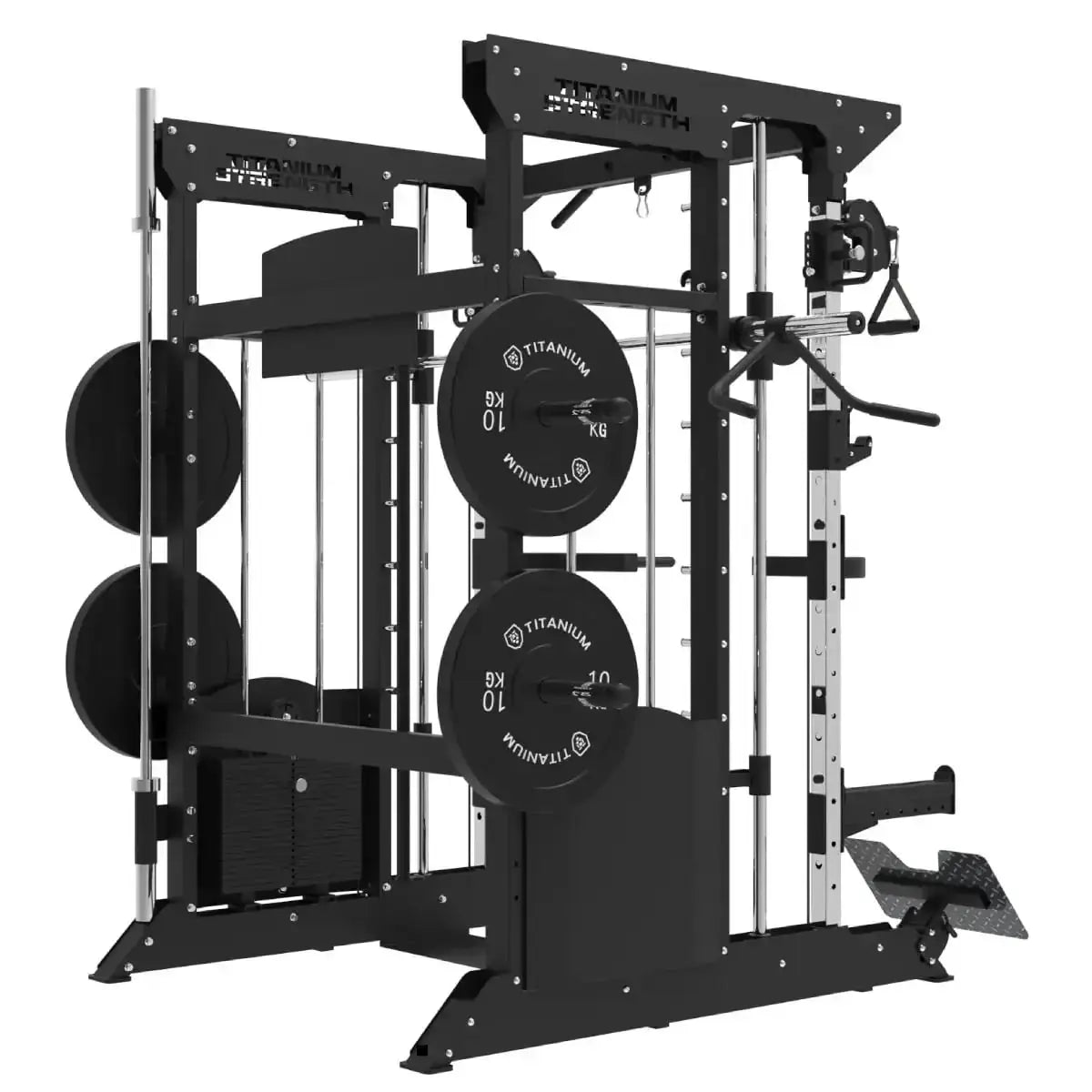Titanium Strength B200 V3 All-in-One Trainer in Seitenansicht mit Hantelscheiben am Rahmen