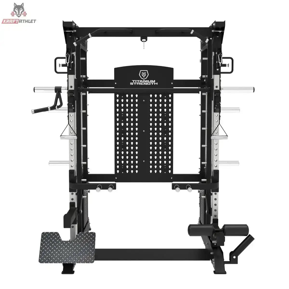Titanium Strength B200 V4 Kraftstation in Schwarz, Frontansicht mit Langhantel und Beinablage